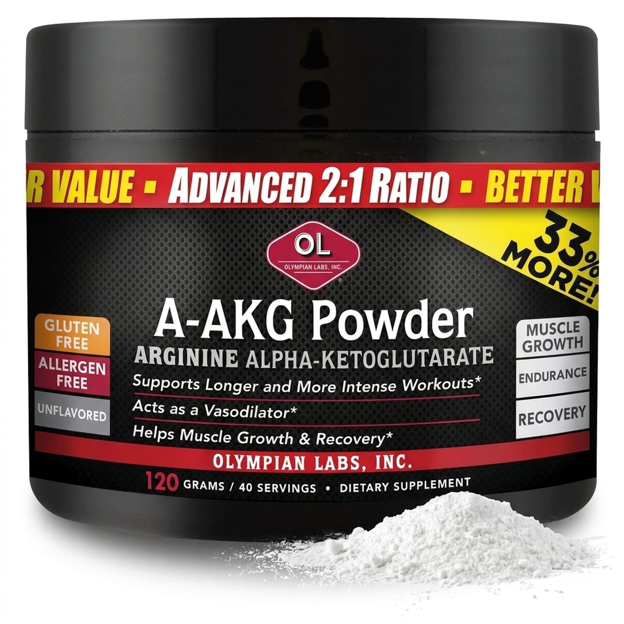 Olympian Labs PSN A-AKG Powder for Men's Health, Energy & Sports Nutrition Performance, 40-3g Servings, 120 Gram Jar
