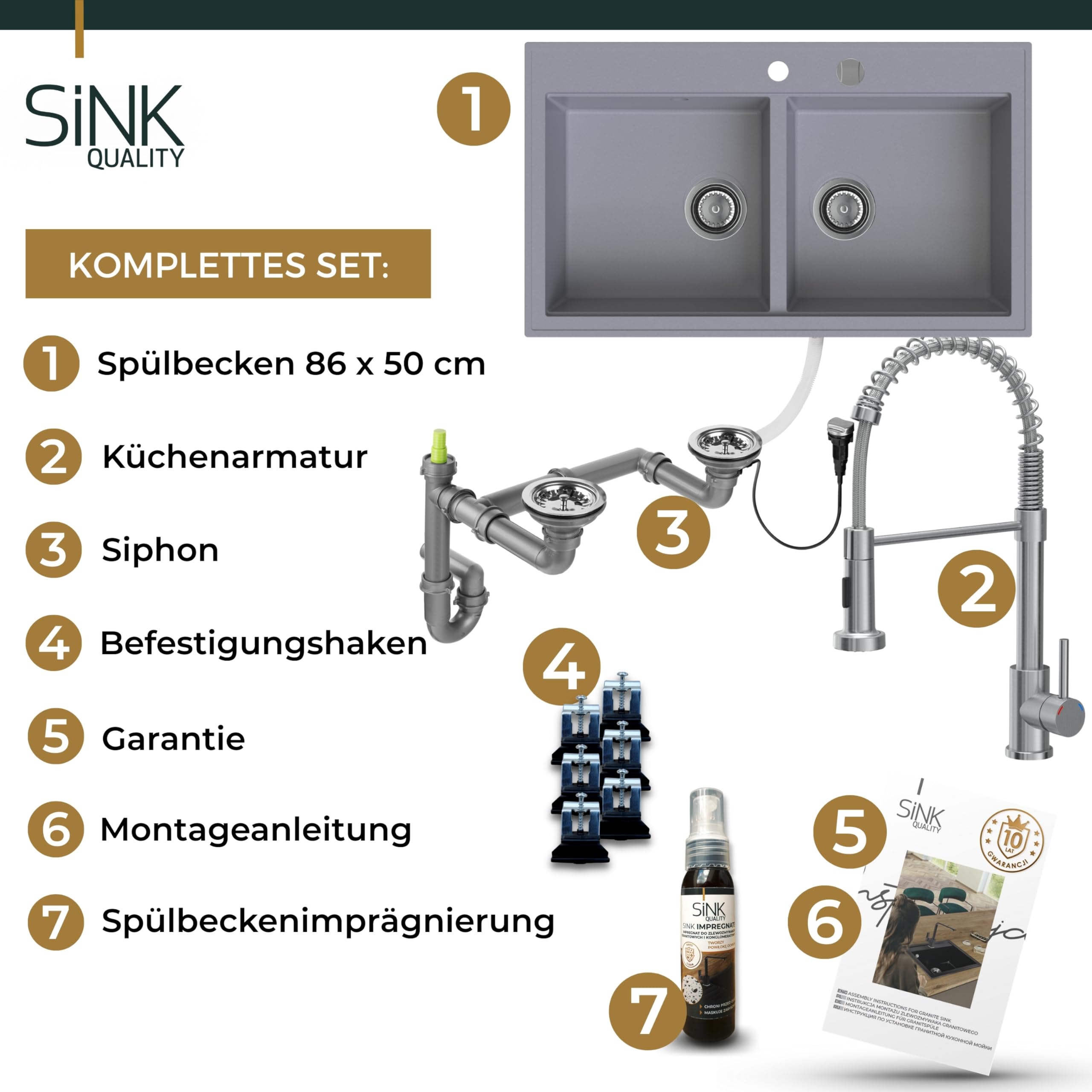 SINK QUALITY podwójny zlew szary z armaturą, zlewozmywak granitowy podwójny 86 x 50 cm, podwójny zlew z syfonem i substancją impregnującą, 2 umywalki zlewozmywak kuchenny od szafki pod umywalkę 85