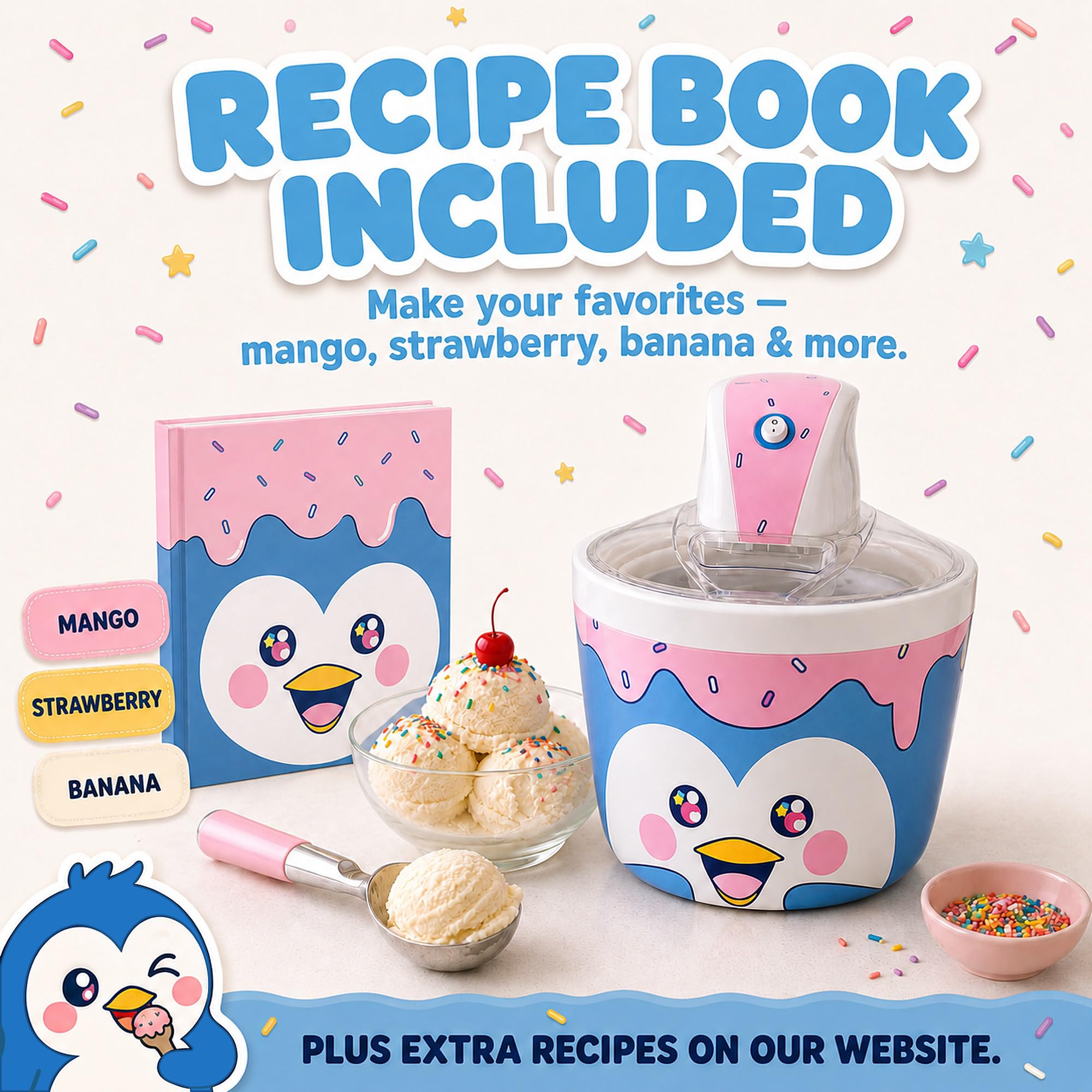 Máquina para hacer helados para niños, 1.2 cuartos de galón, máquinas eléctricas de helado de pingüino, la mejor máquina de encimera para helado casero, servicio suave, sorbete, gelatina, yogur