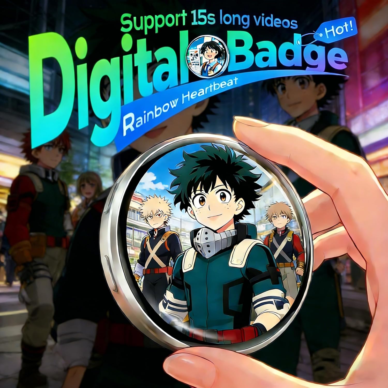Digital Badge, Customizable Anime Style Digital Pin with Photo, Video Display, HD Touchscreen e Badge, Gift for Valentine Anime Fans Backpacks and Conventions Black