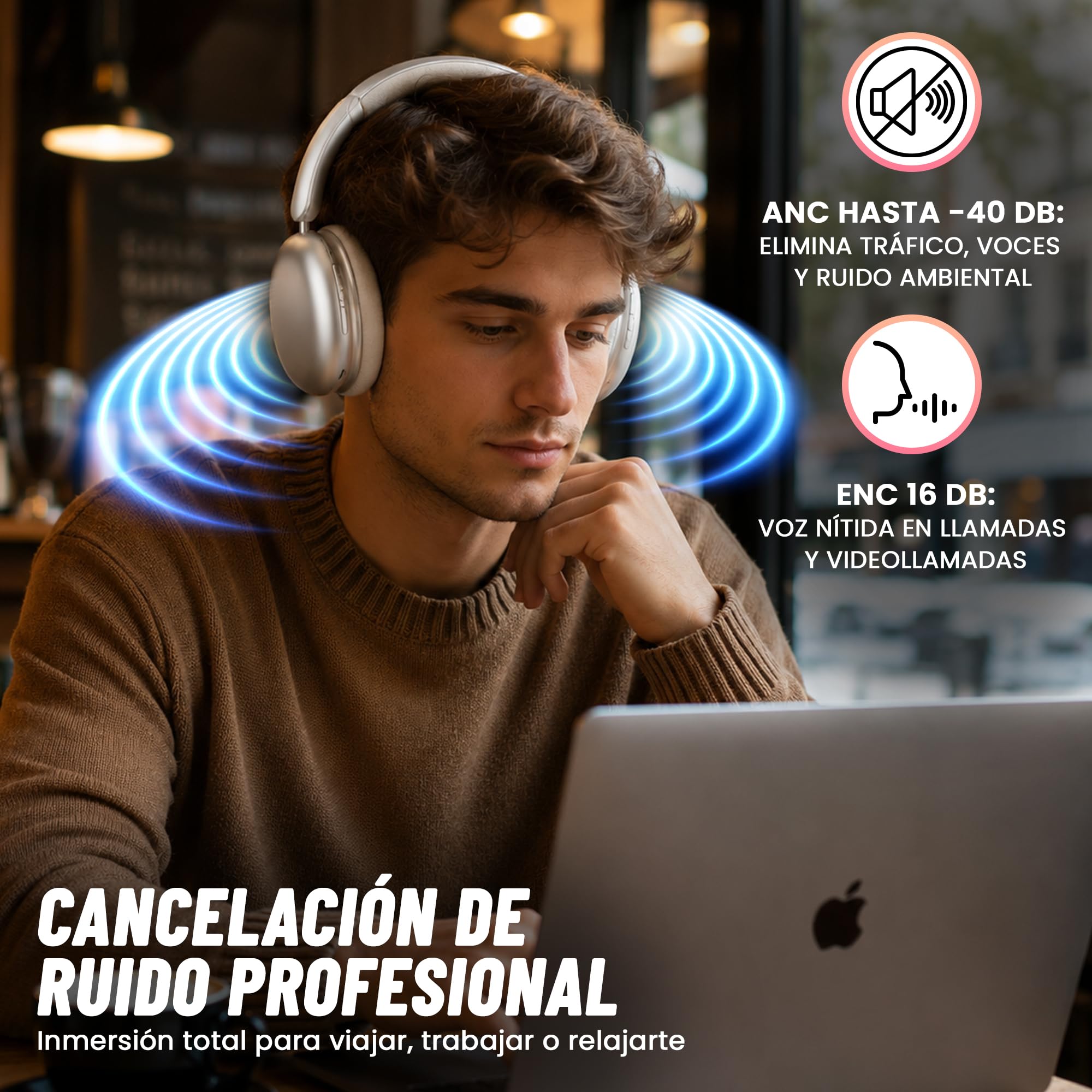 BEBEAT - Auriculares Inalambricos Bluetooth Diadema con Cancelación de Ruido Activa - 75 Horas de Uso - Carga Rápida, Ecualizador, Carga USB-C, Rango de 10 m, Llamadas Nítidas, iOS y Android.