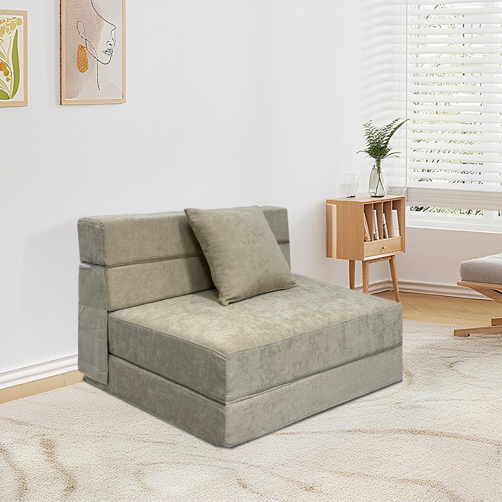 ANONER 100 x 190 cm Schlafsessel klappbar, Gästesofa Klappbar 100 x 190 cm, Schlafsofa Klappsessel mit Memory Schaum & Kissen, Faltbares Tragbarer Stuhl für Wohnzimmer Lofts, Waschbar Set, Beige