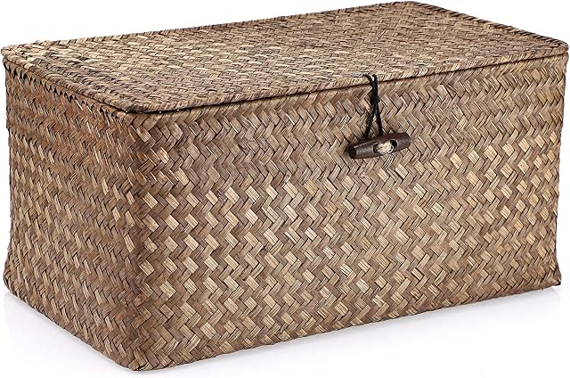 IGNPION Seagrass Storage Basket with Lid Woven Seagrass Desktop Basket Rectangular Bathroom Storage Organiser Box, Shelves & Desks Decorative Basket Multipurpose storage Hamper (Coffee, M)