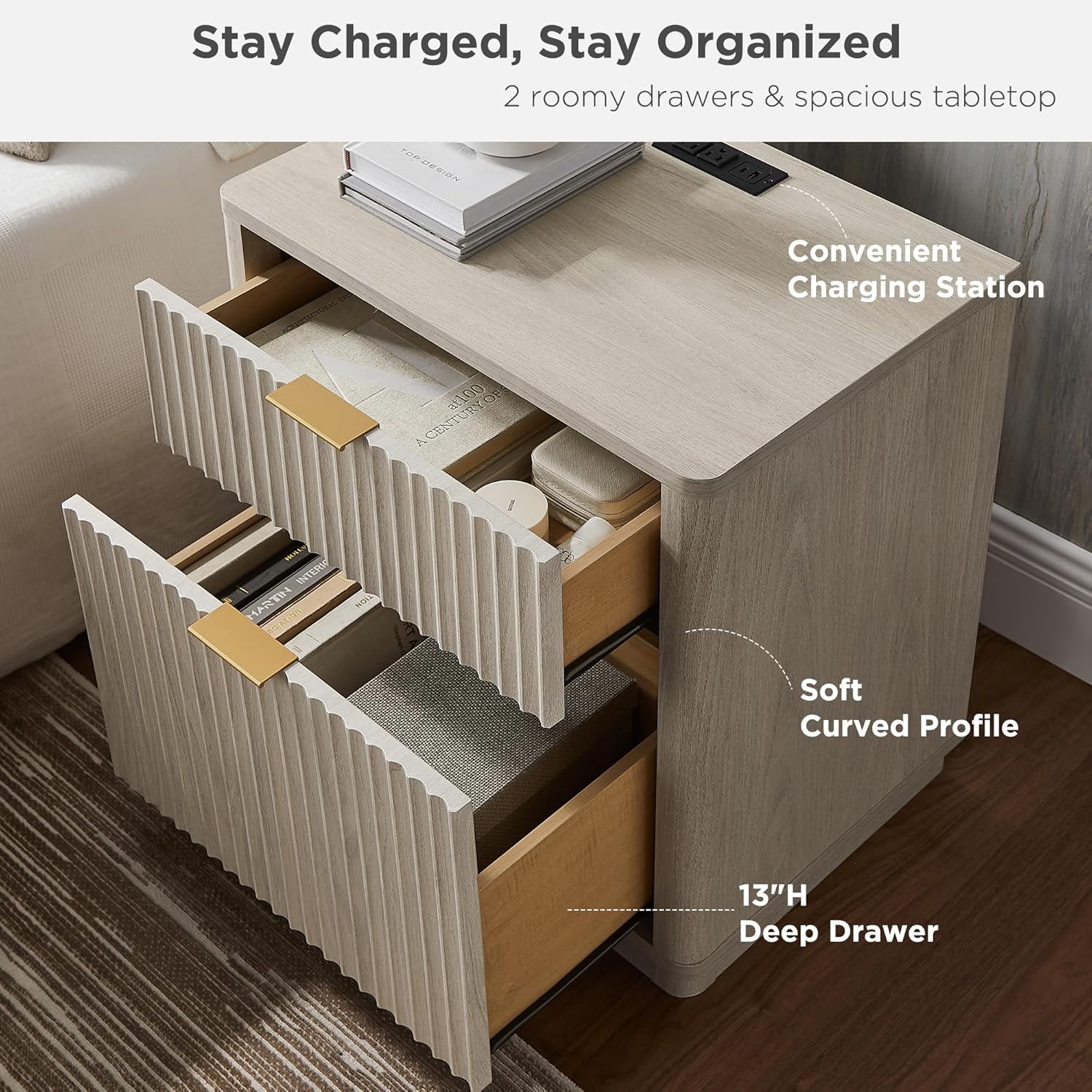 T4TREAM 23'' Fluted Nightstand with Charging Station, Large 2 Drawer Side Table, Modern End Table with Storage, Mid Century Bedside Table for Bedroom, Living Room, Curved Profile, White Alder