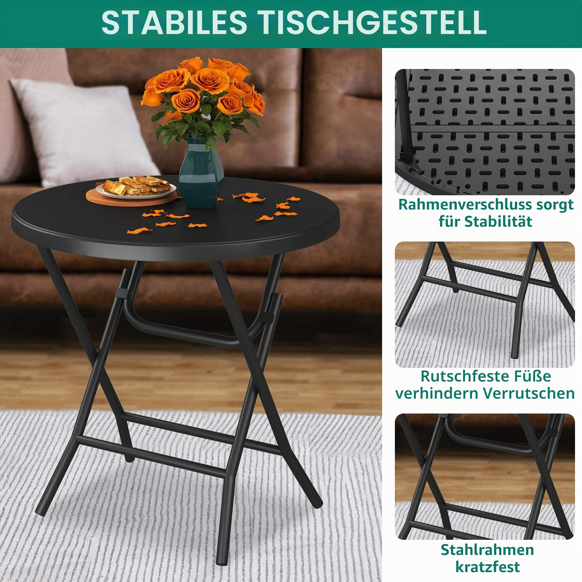 YITAHOME 80cm Gartentisch, Runder Klapptisch, Balkontisch Klappbar, Campingtisch Wetterfest für Outdoor Party Strand BBQ, mit Rostfreie Metallrahmen, 80 x 80 x 74cm, Schwarz