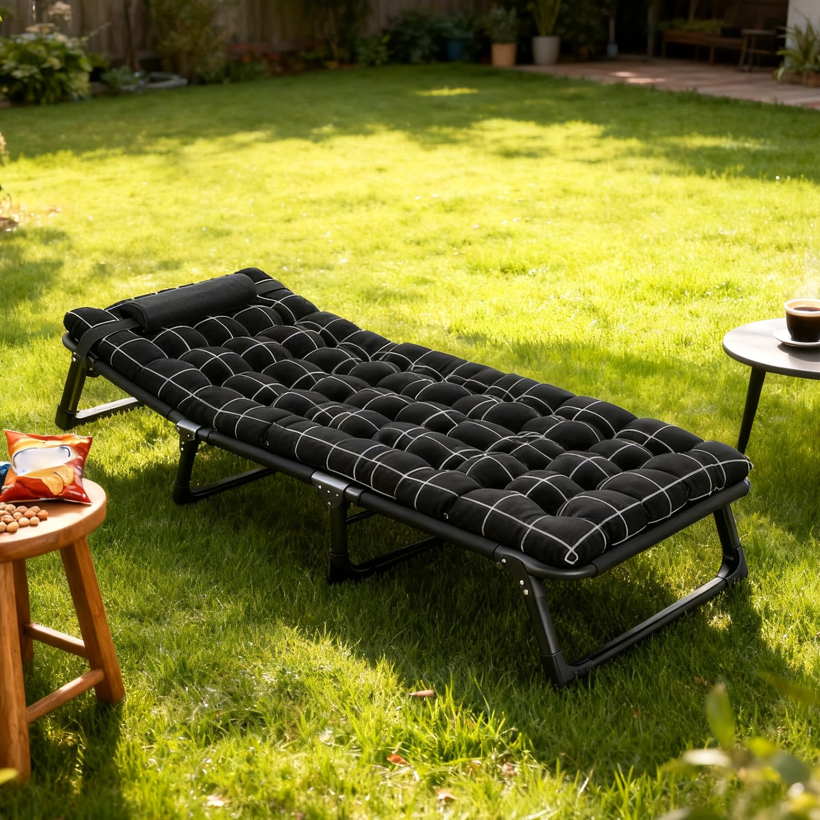 Lit Pliant 1 Personne avec Matelas en Coton Perle Faux, Lit de Camp Pliable Réglable 4 Positions pour Camping, Maison, Jardin – Cadre Acier Résistant 200kg, Compact et Portable (Noir)