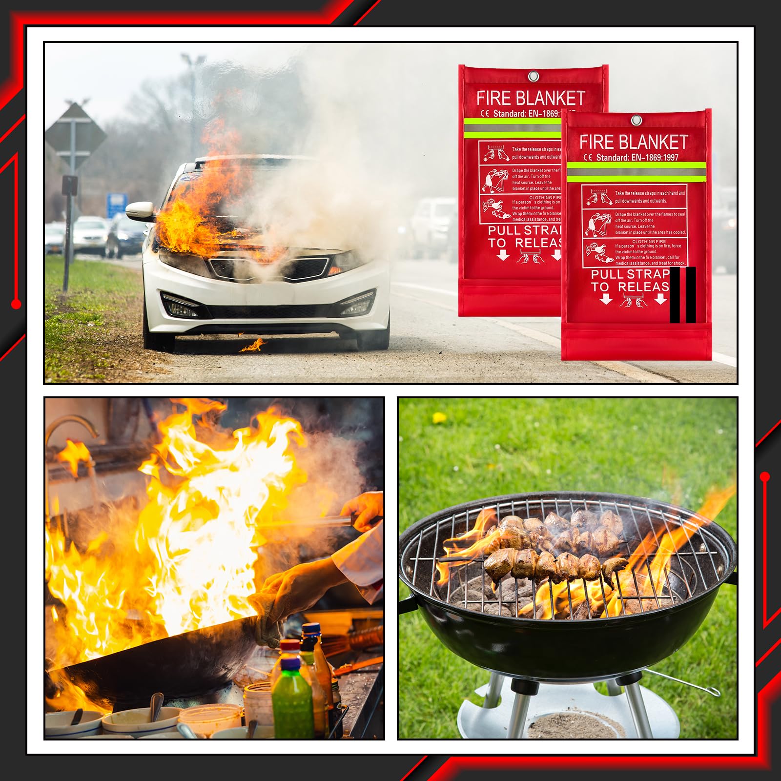 2 Pack Löschdecke für Küche 160x180 Feuerlöschdecke für Zuhause für küche große Löschdecken Aus Glasfasergewebe Gemäß 2 Feuerlöschdecke DIN EN 1869:2019, Geeignet Zum Löschen Von Fettbränden Geeignet