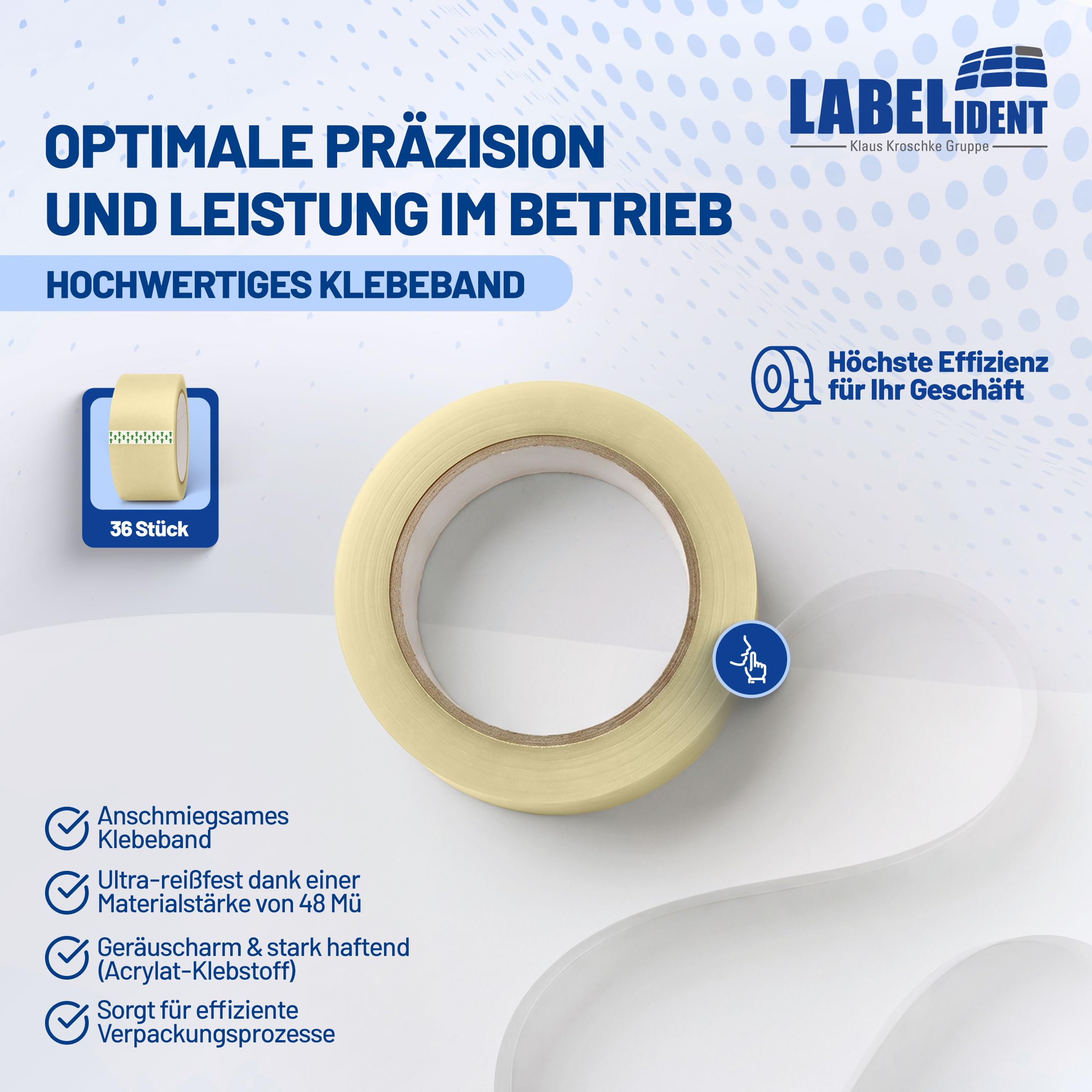 Labelident 36 Rollen Paketband transparent 50 mm x 66 m - leises Packband, geräuscharmes Verpackungsband für Pakete und Versandkartons
