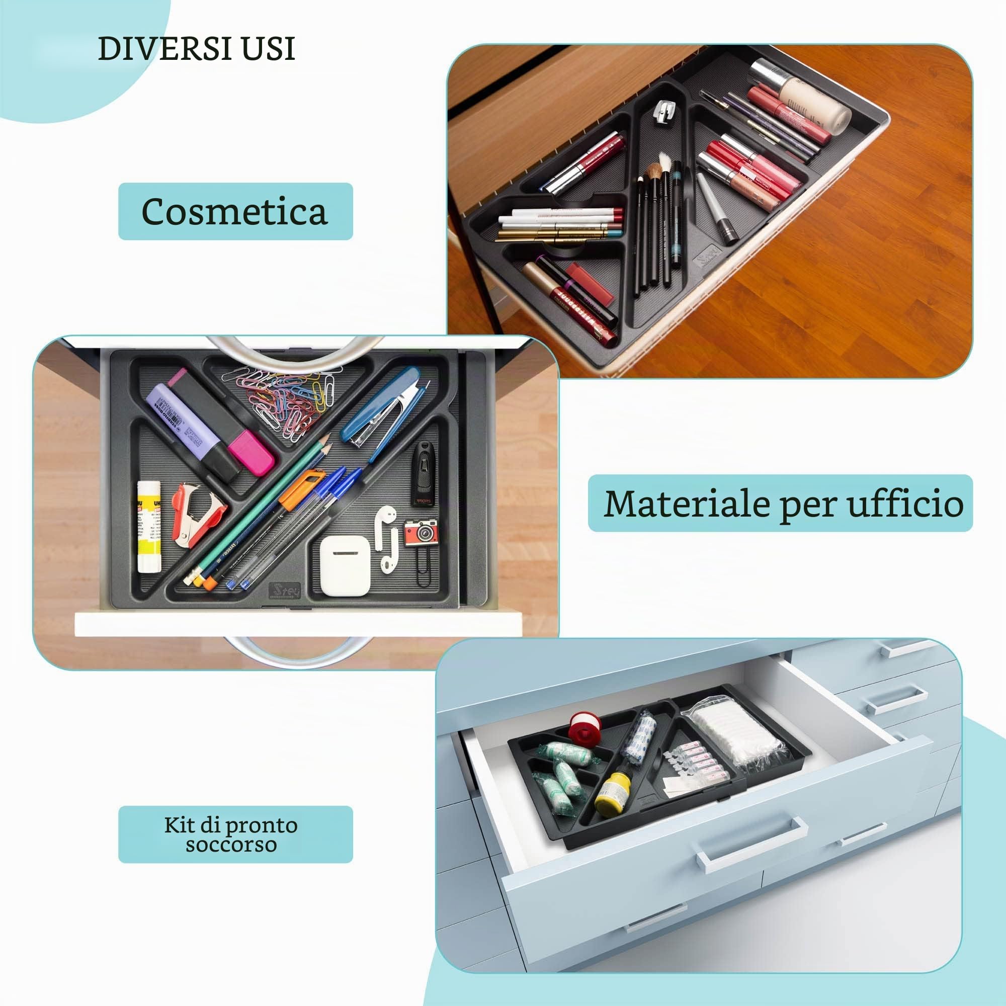 Vassoio estensibile per cassetto della scrivania - In plastica riciclata - 32,8<>45,2x22,5x2,5 cm - Si Adatta a Qualsiasi Misura di Cassetto - Nero - Made in EU (5 Unità)