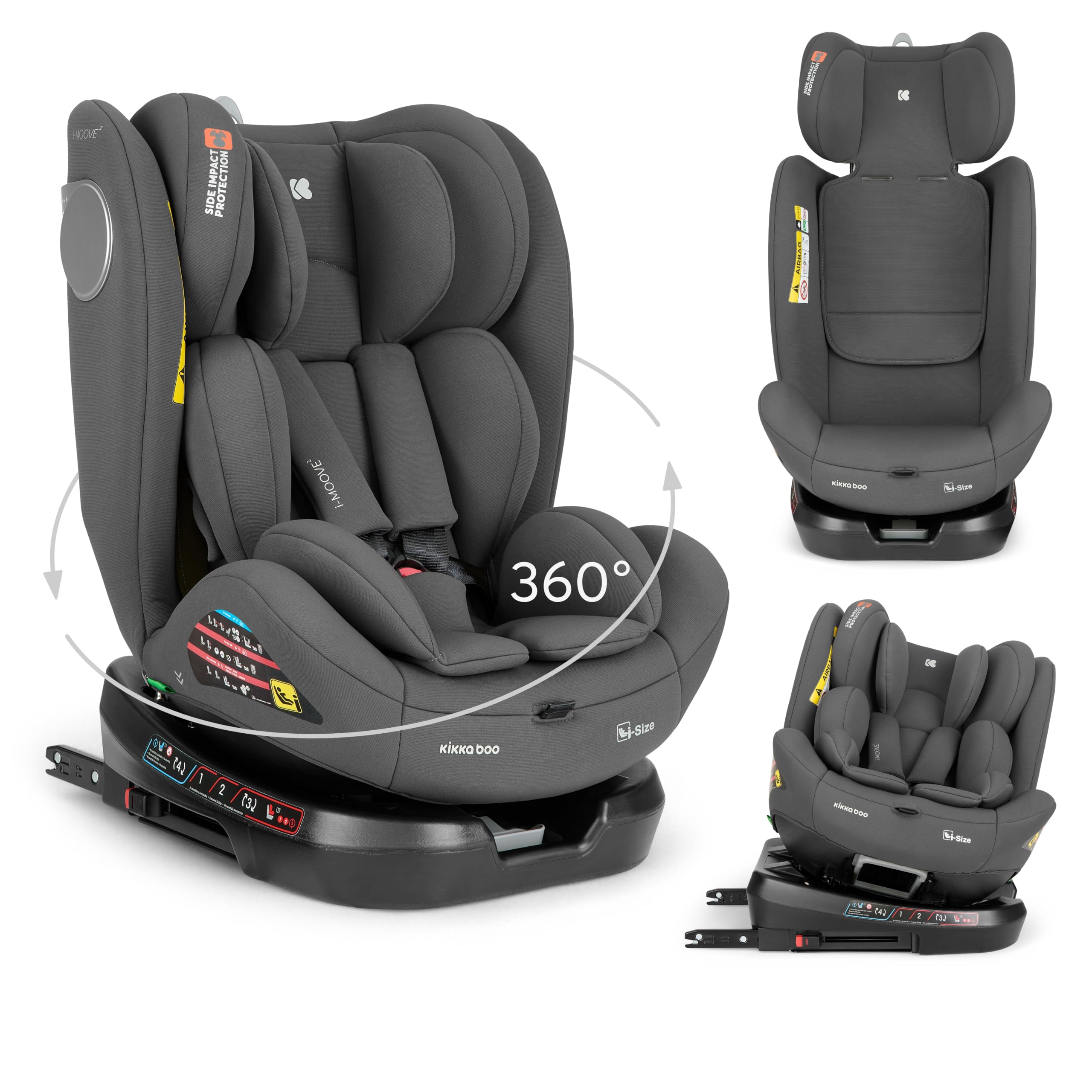 KikkaBoo Kindersitz 9-36 kg mit ISOFIX & 360° Drehung i-MOOVE 2, i-SIZE, 40-150 cm Reboarder, Rückwärts/Vorwärtsgerichtet, Verstellbare Kopfstütze, Liegefunktion, Dunkelgrau