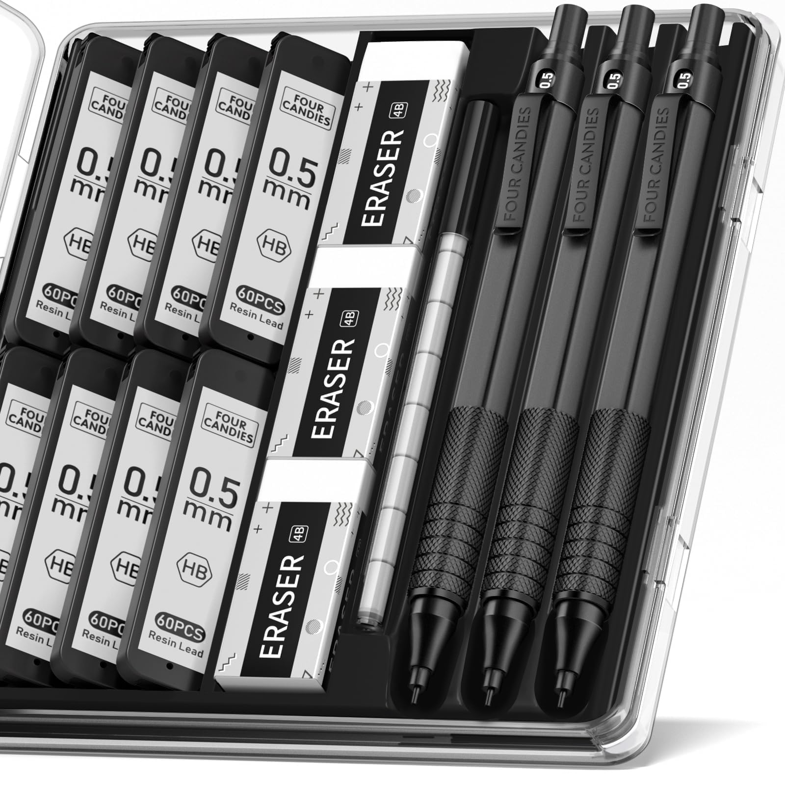 Photo 1 of Four Candies 0.5mm Mechanical Pencil Set with Case, 3PCS Metal Artist Lead Pencil with 8 Tubes (480PCS) HB Lead Refills, 3 Erasers, 9 Eraser Refills For Engineer Art Writing Drawing Drafting, Black