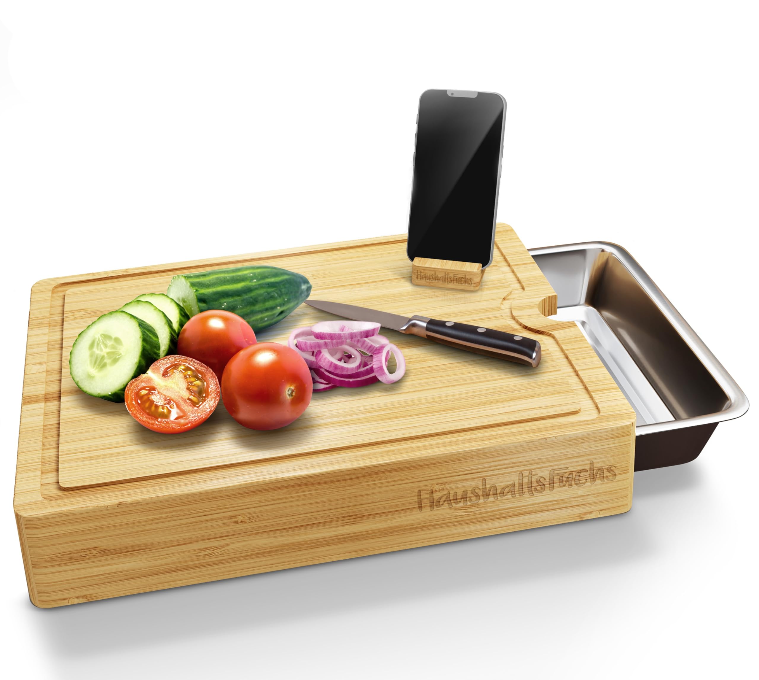 Planche à découper en bambou 100 % FSC® de qualité supérieure avec grand bac de récupération, support pour téléphone portable et rainure à jus - Planche de cuisine XXL en bois avec bac