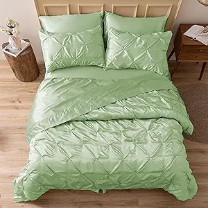 MR&HM Satin Comforter King 7 Pieces - Luxurious Pinch Pleat Bedding Set with Comforter, Flat Sheet, Fitted Sheet, Pillowcases & Shams, Super Silky Soft Bed Set for All Season (King, Light Sage)