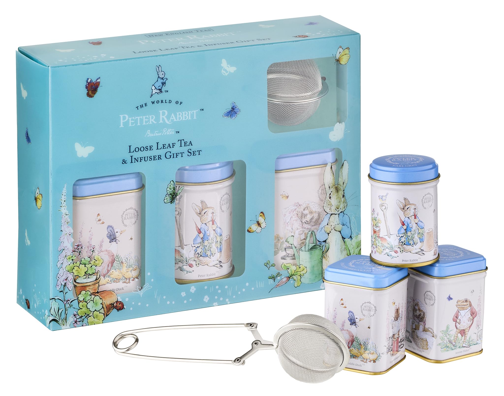 New English Teas Loose Leaf Tea & Infuser Gift Set – 3 Peter Rabbit Tins with Breakfast, Earl Grey & Afternoon Blends with Loose Tea Infuser
