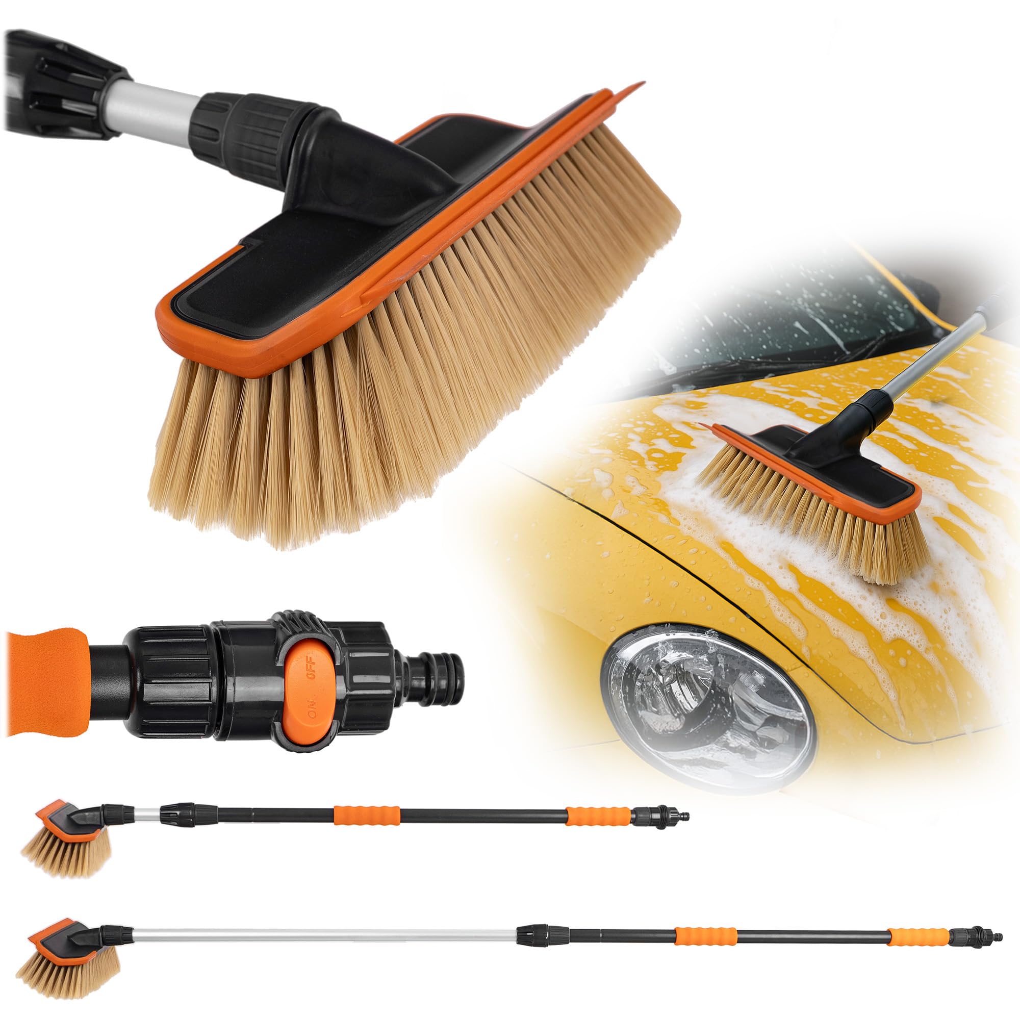 KADAX Cepillo telescópico para lavado de autos con conexión de agua, cepillo de lavado de autos extensible con mango telescópico, cepillo telescópico con cerdas suaves, cepillo de limpieza (115-181cm)