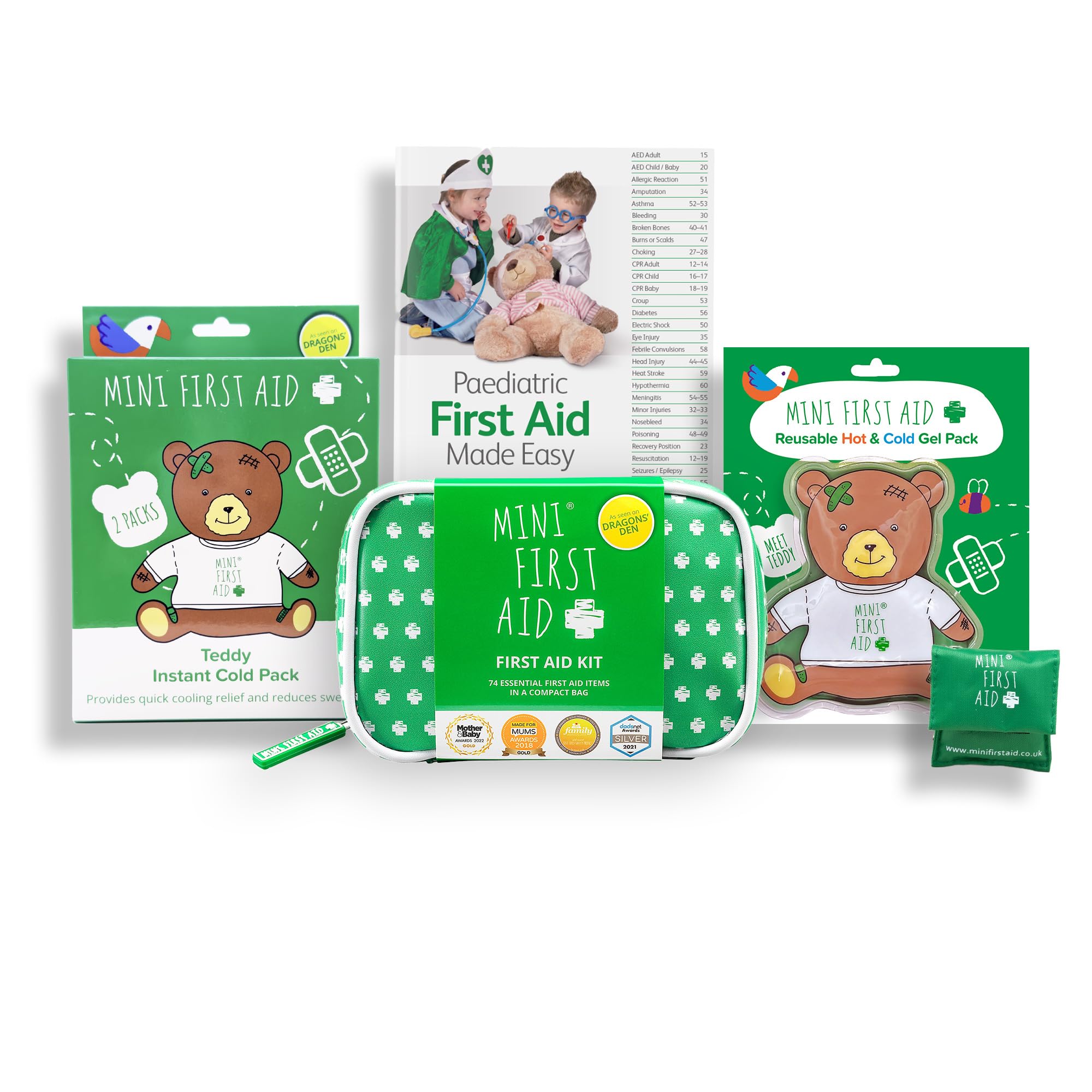 Mini First Aid Super Safety Bundle – Mini First Aid Kit (90 Items) - Hot & Cold Gel Pack, CPR Mask Keyring, Instant Cold Pack 2, & Paediatric First Aid Made Easy Book