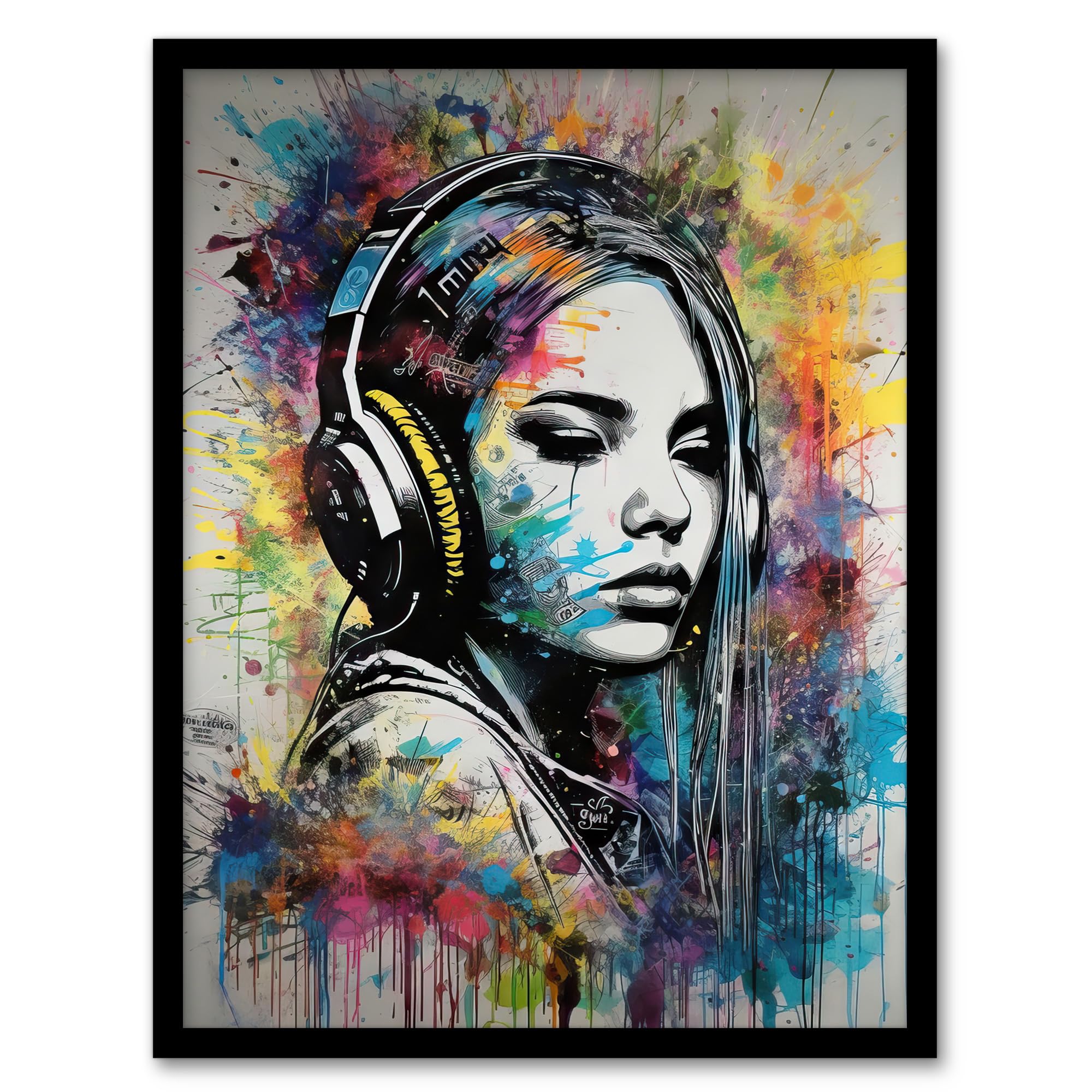 Artery8 Music Girl Headphones Watercolour Grunge Emo Teen Bedroom Artwork Framed Wall Art Print A4