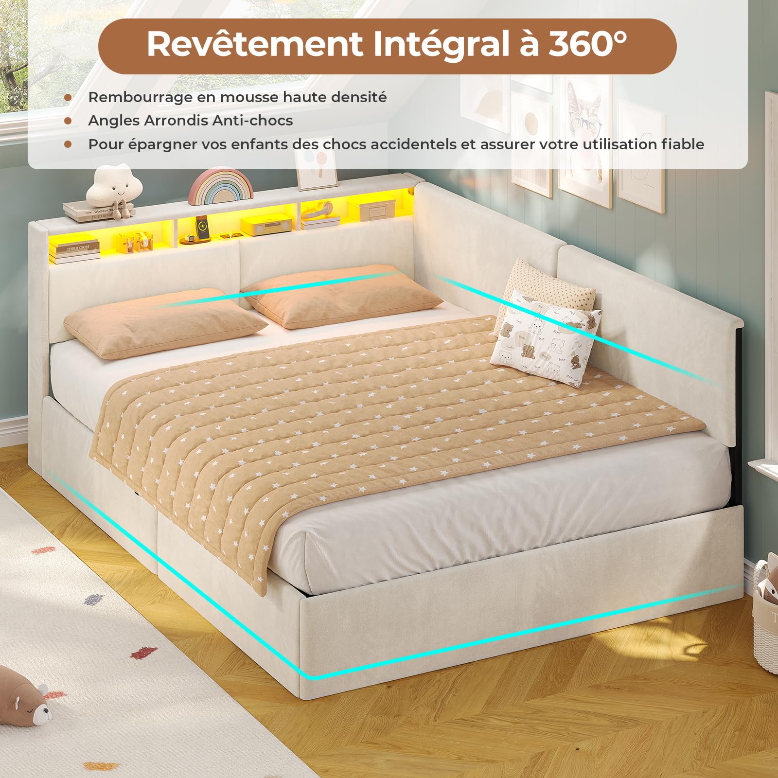 AOGLLATI Polsterbett Schlafsofa 140x200 mit USB-Steckdosen & hydraulischem Stauraum, Betten 140x200 mit LED-Kopfteil & Lattenrost, Kinderbett Tagesbett, Doppelbett, Beige Samt (ohne Matratze)