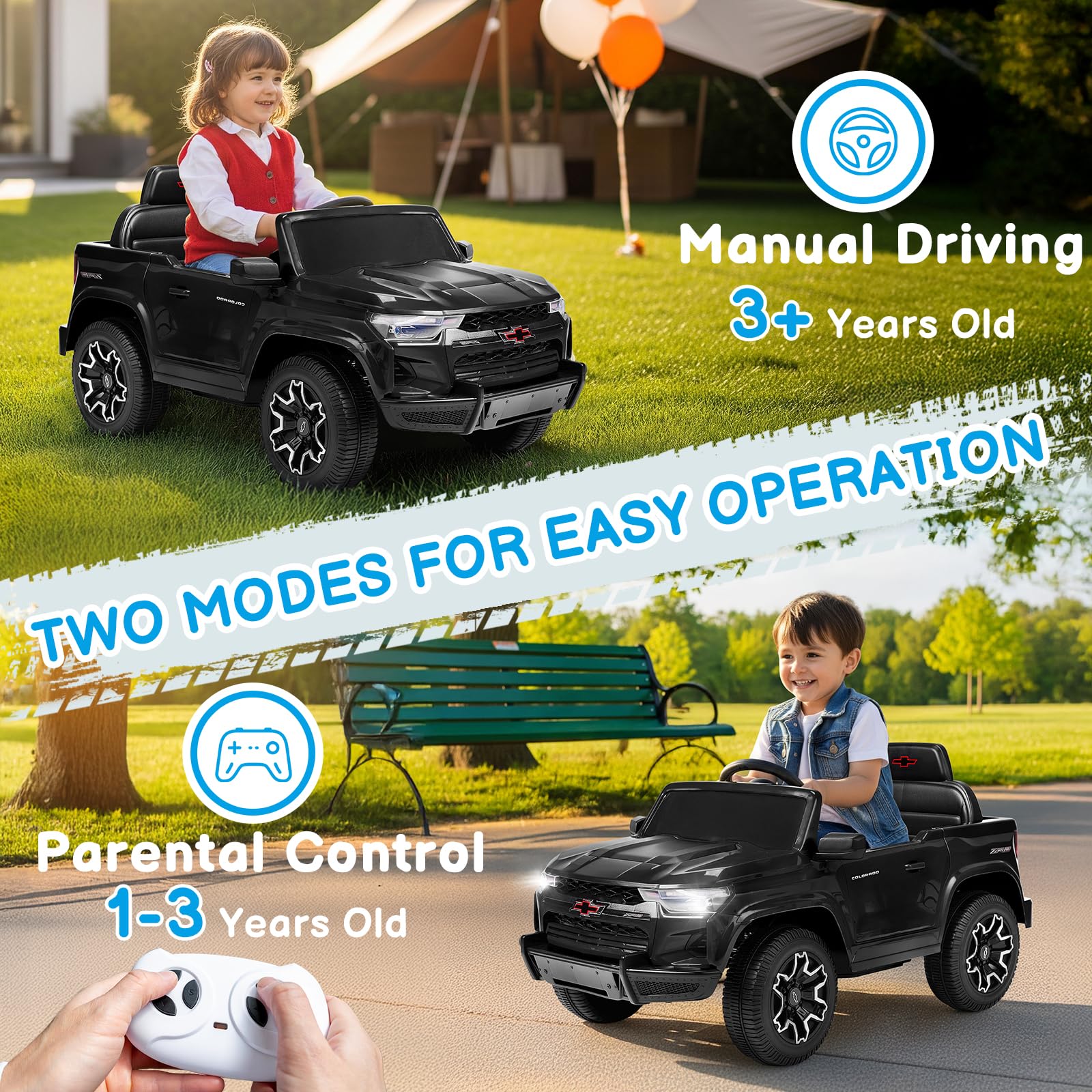 Winado Licensed Chevrolet Colorado Electric Car for Kids, 12V Ride on Toys for Toddlers with Remote Control, Battery Powered Electric Car Ride On Vehicle w/Bluetooth, Soft Start, LED Lights - Black