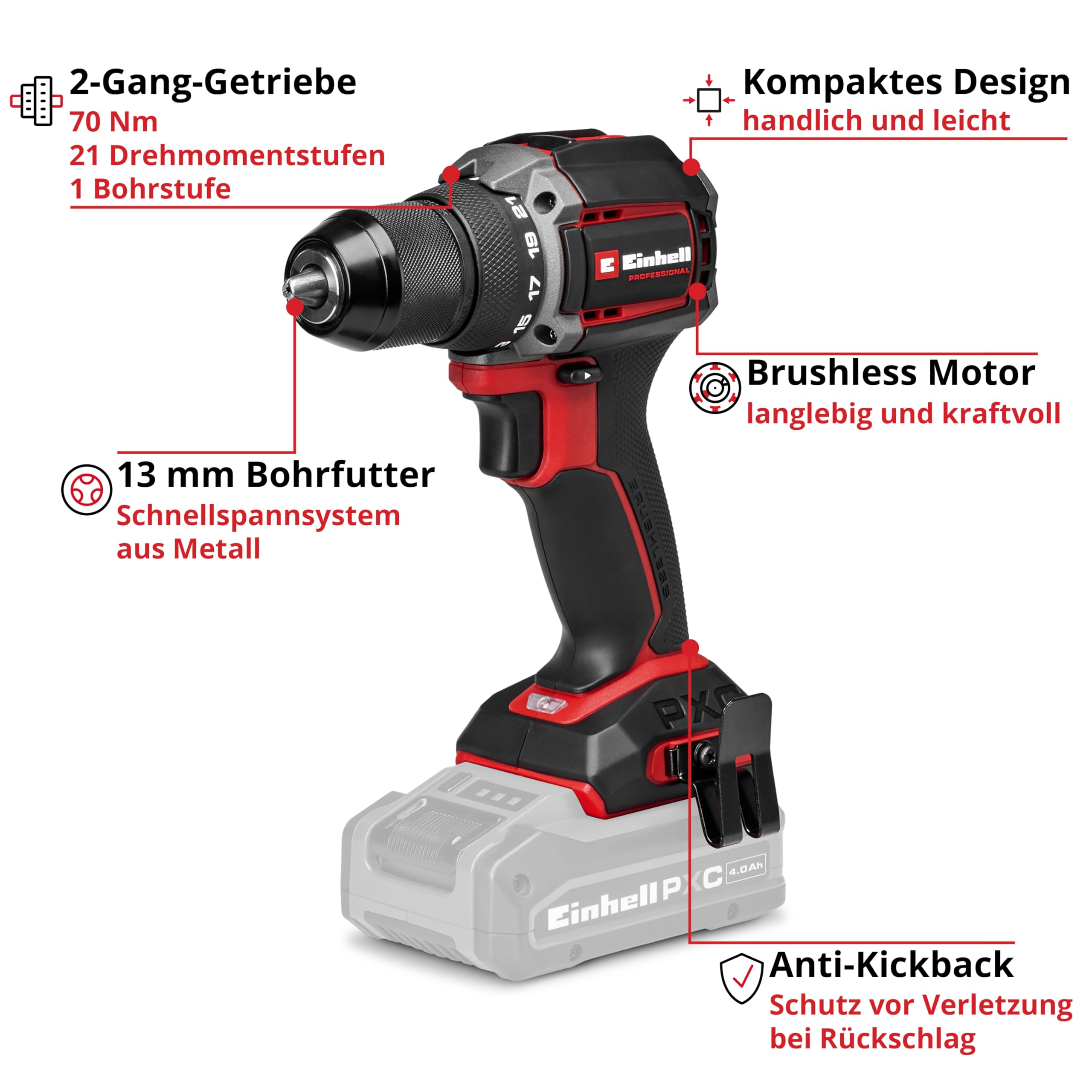 Einhell Professional Akku-Bohrschrauber TP-CD 18/70-C Li BL-Solo | PXC | 18 V | Compact | Brushless | 70 Nm | Anti-Kickback | 13-mm-Metall-Bohrfutter | 2-Gang | ohne Akku