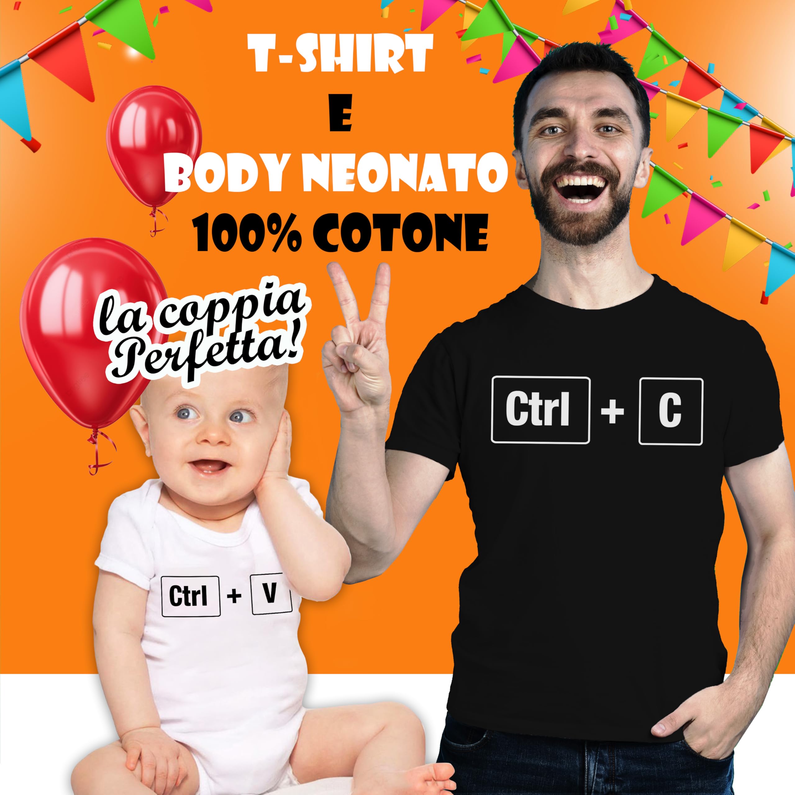 t-shirteria - Coppia Maglietta e Body Neonato - Idea Regalo Festa del Papa, Compleanno ed Occasioni Speciali - 100% Cotone, Leggere e Traspiranti - Stampa Anti-Scolorimento - (Control C V)