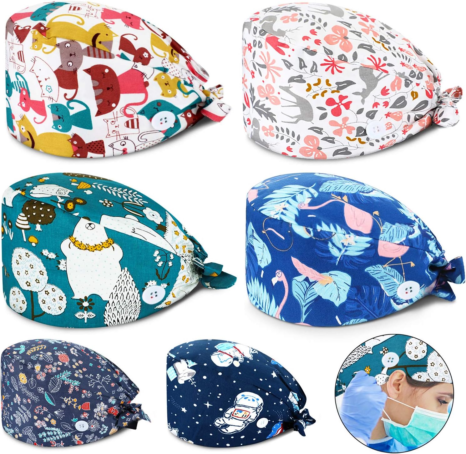 SATINIOR6 Pieces Working Cap with Sweatband Bouffant Turban Hat with Buttons Tie Back Caps Colorful Printed Adjustable Cap for Men Women Favors