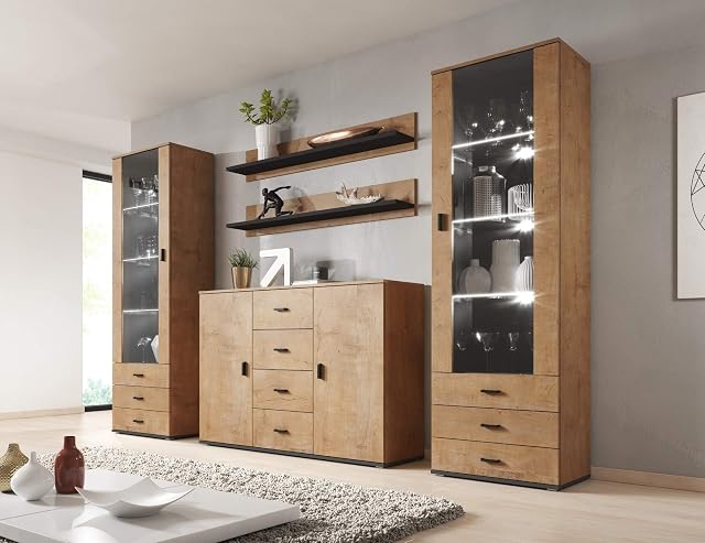 SOHO 3 LIVING ROOM FURNITURE SET WALL UNIT CABINET SIDEBOARD LED - LEFKAS OAK WOOD EFFECT