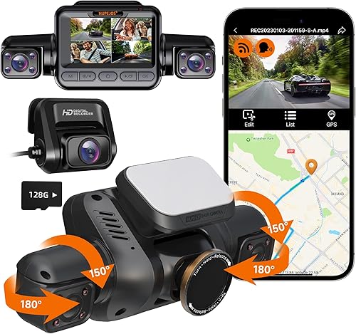 HUPEJOS Cámara de tablero de 360 de 4 canales, 4K frontal+1080P*2 izquierda derecha, 3K frontal +1080Px3, GPS integrado 5GHz WiFi, control de voz,