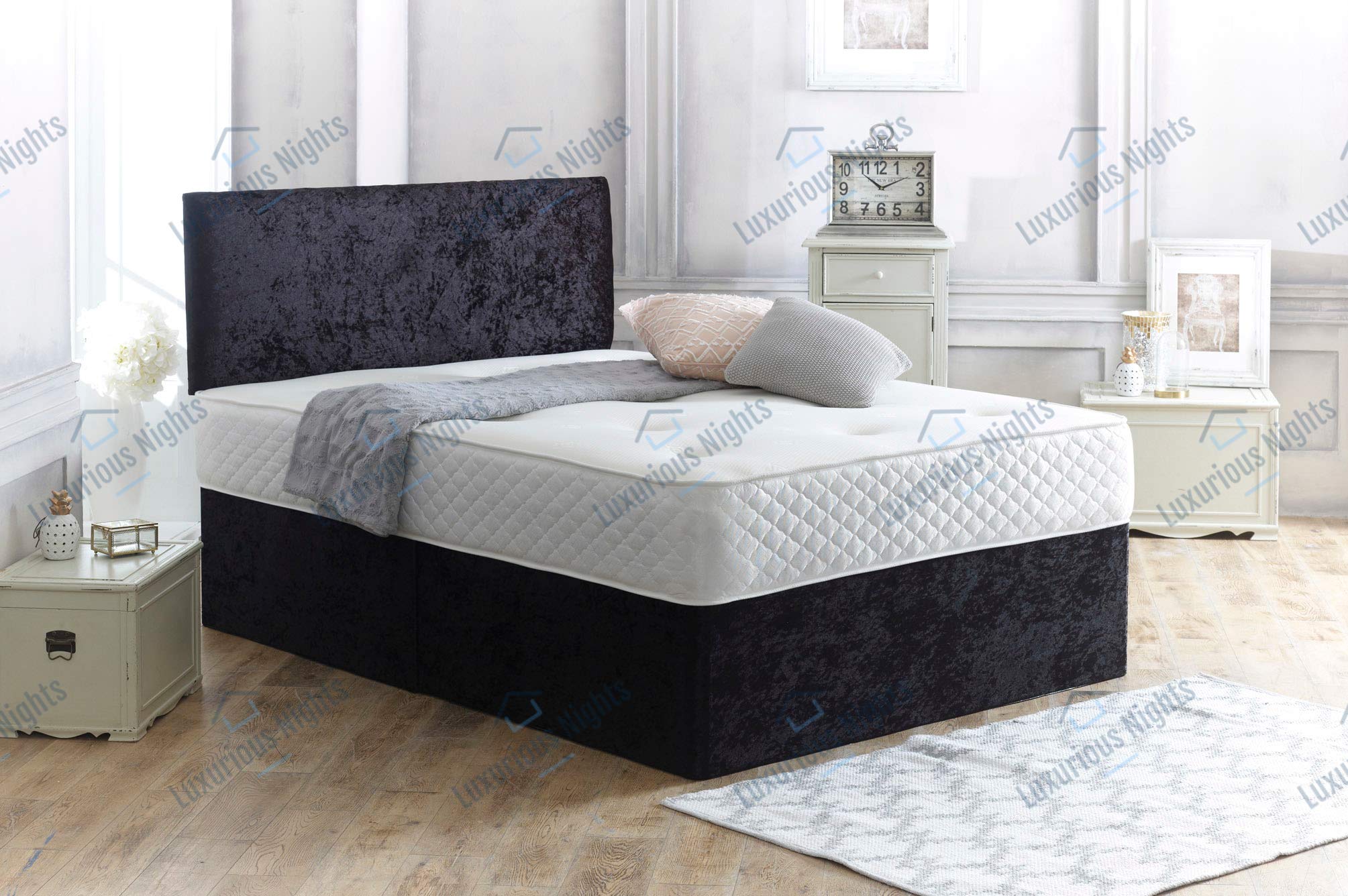Luxurious Nights Black Crushed Velvet Divan Bed Set With Orthopaedic Mattress and Free 20" Headboard (3FT Single, 0 Drawer)