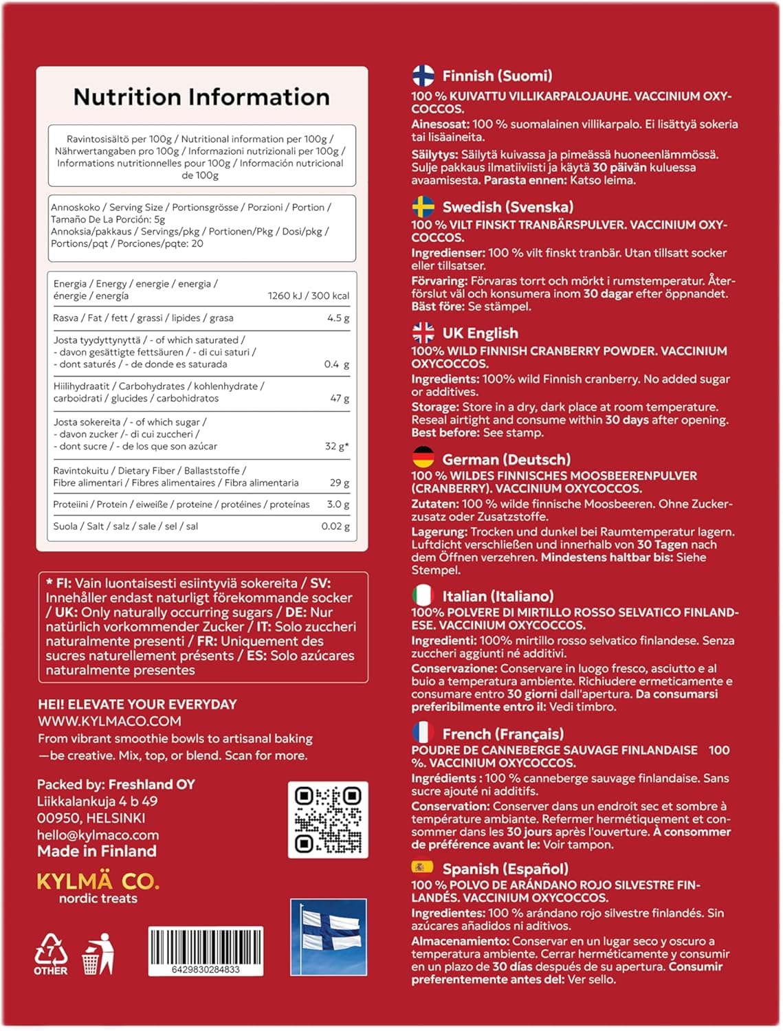 Kylmä Co. Olivello Spinoso Selvatico in Polvere 3 x 100 G Confezione Convenienza | 100% Olivello Spinoso (Hippophaë rhamnoides) Dalla Finlandia | Essiccato all'aria | Vegano | Senza Glutine