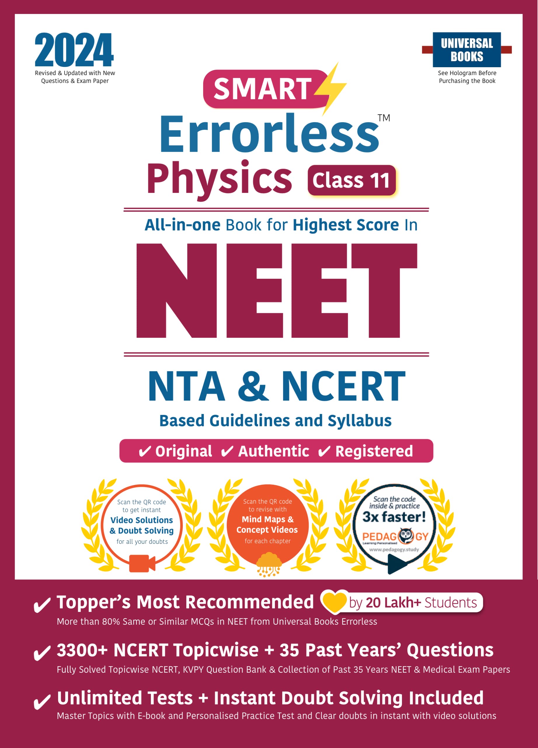 Smart Errorless Physics NEET Class 11 (2024) - NCERT Based | 3000+ NCERT & New Pattern Questions | 35 Past Years Papers | Free E-Book, Mind-maps & App