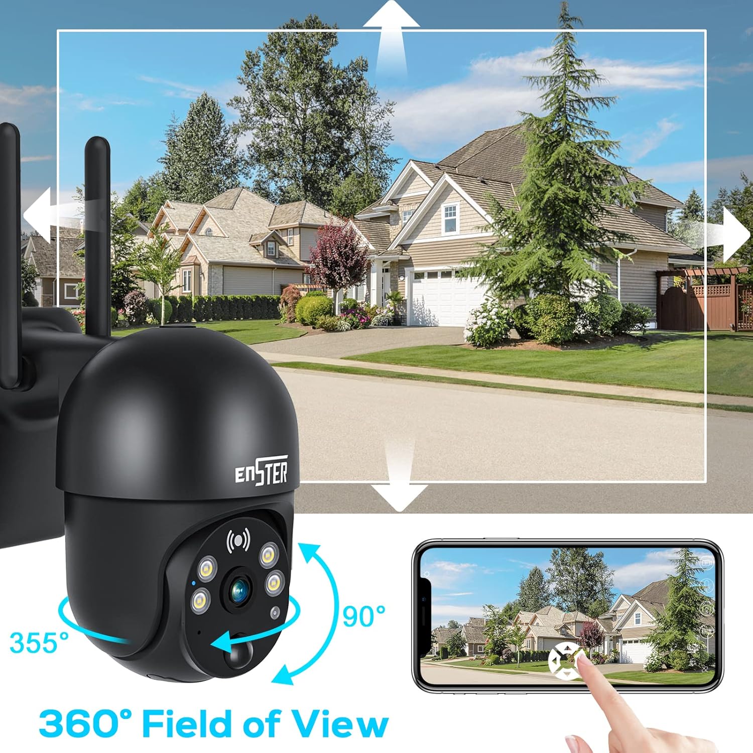 ENSTER Solar Security Camera showing its 360-degree field of view capability, with pan and tilt arrows indicating movement.