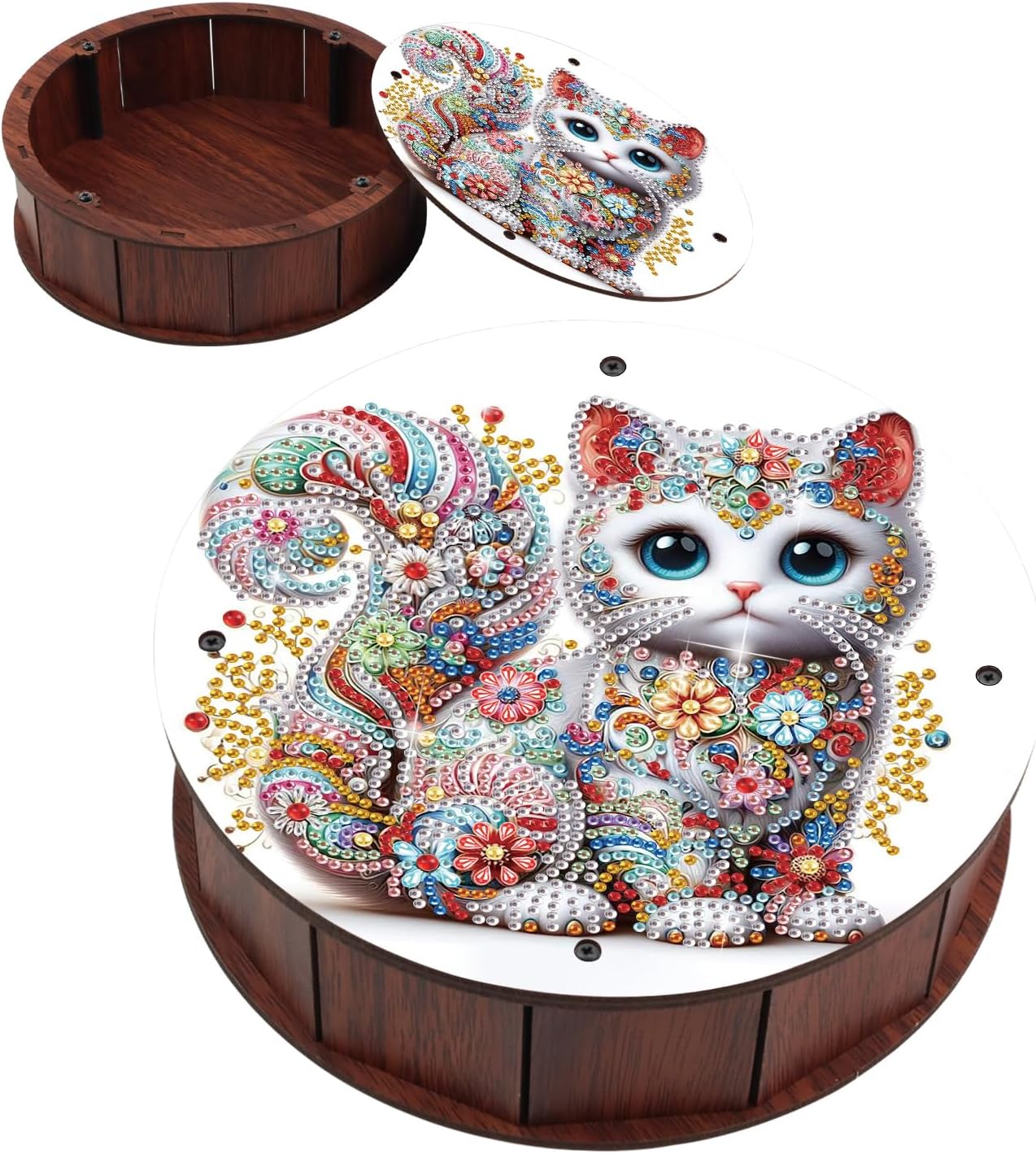 antor Colorful Cat Diamond Art Storage Box, Floral DIY 5D Special Shape Rhinestone Diamond Painting Wooden Organizer for Jewelry or Trinkets, Decorative Whimsical Box Gift & Desktop Art Decor