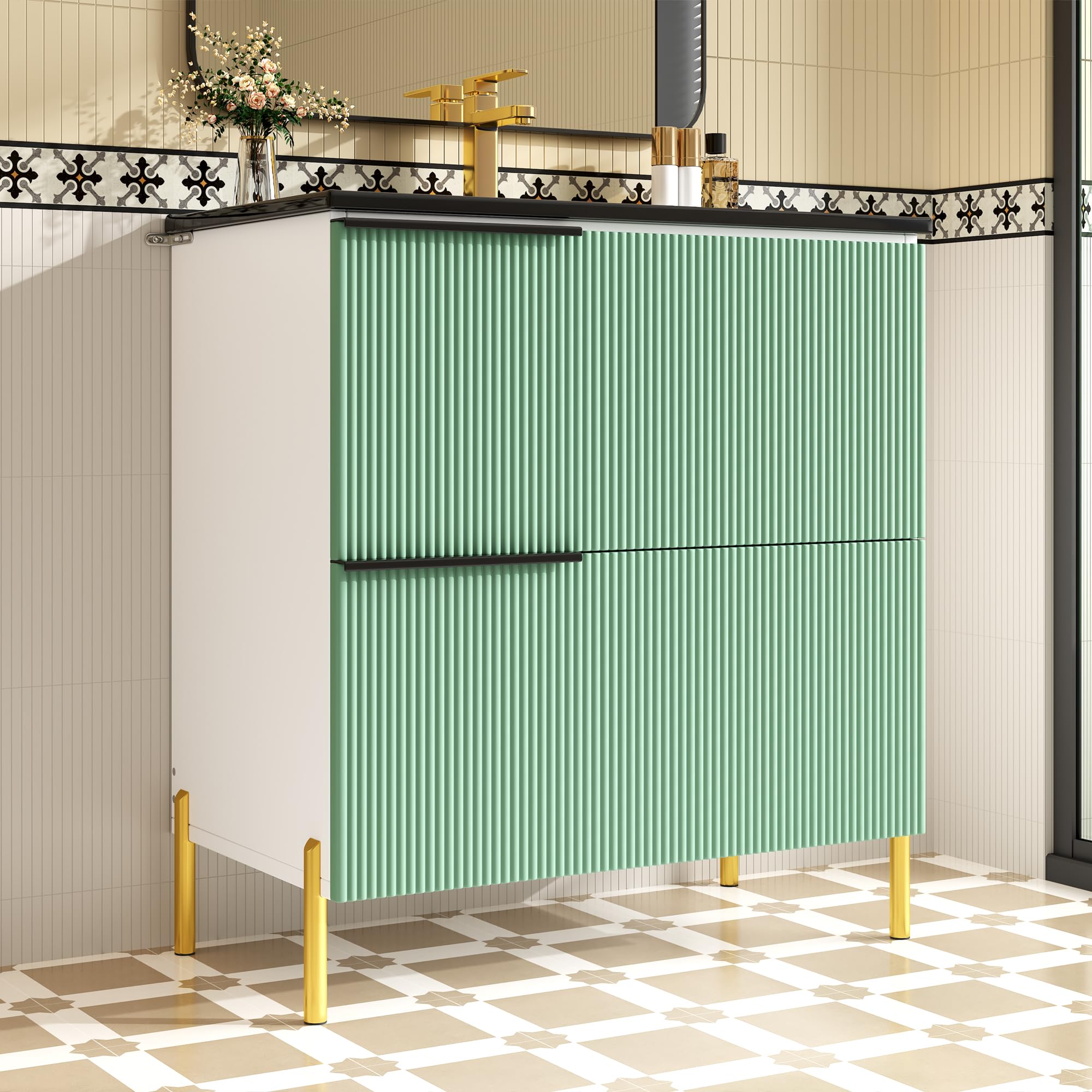 Lcoho Mobile lavabo da bagno con lavabo in ceramica, lavabo singolo con cassetti in MDF, organizer da bagno con vasca, verde