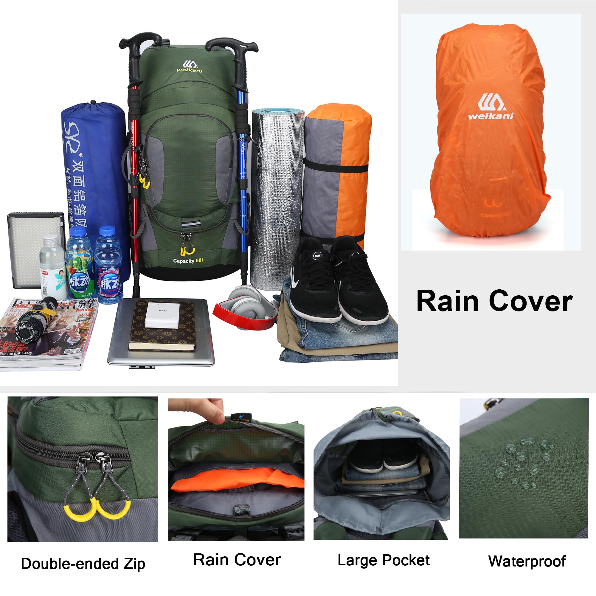Mochila de senderismo de 60 litros con cubierta para la lluvia, impermeable, ligera, mochila de viaje al aire libre, mochila grande para hombres y mujeres, mochila de día de alta capacidad