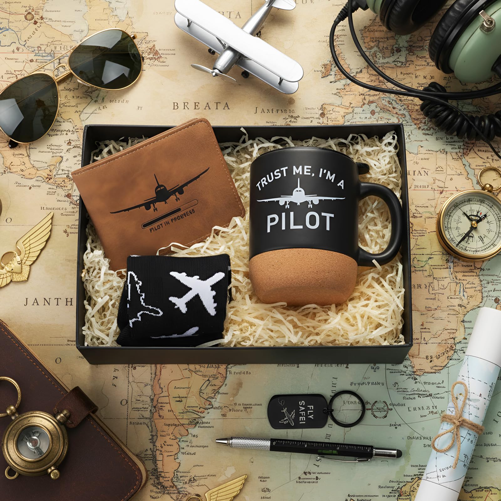5 Pcs Pilot Gifts for Men Dad's Gifts Set Include Sock and Ceramic Mug Leather Wallet 6 in 1 Multi Tool Pen Keychain Dad Present from Son Daughter Husband Present