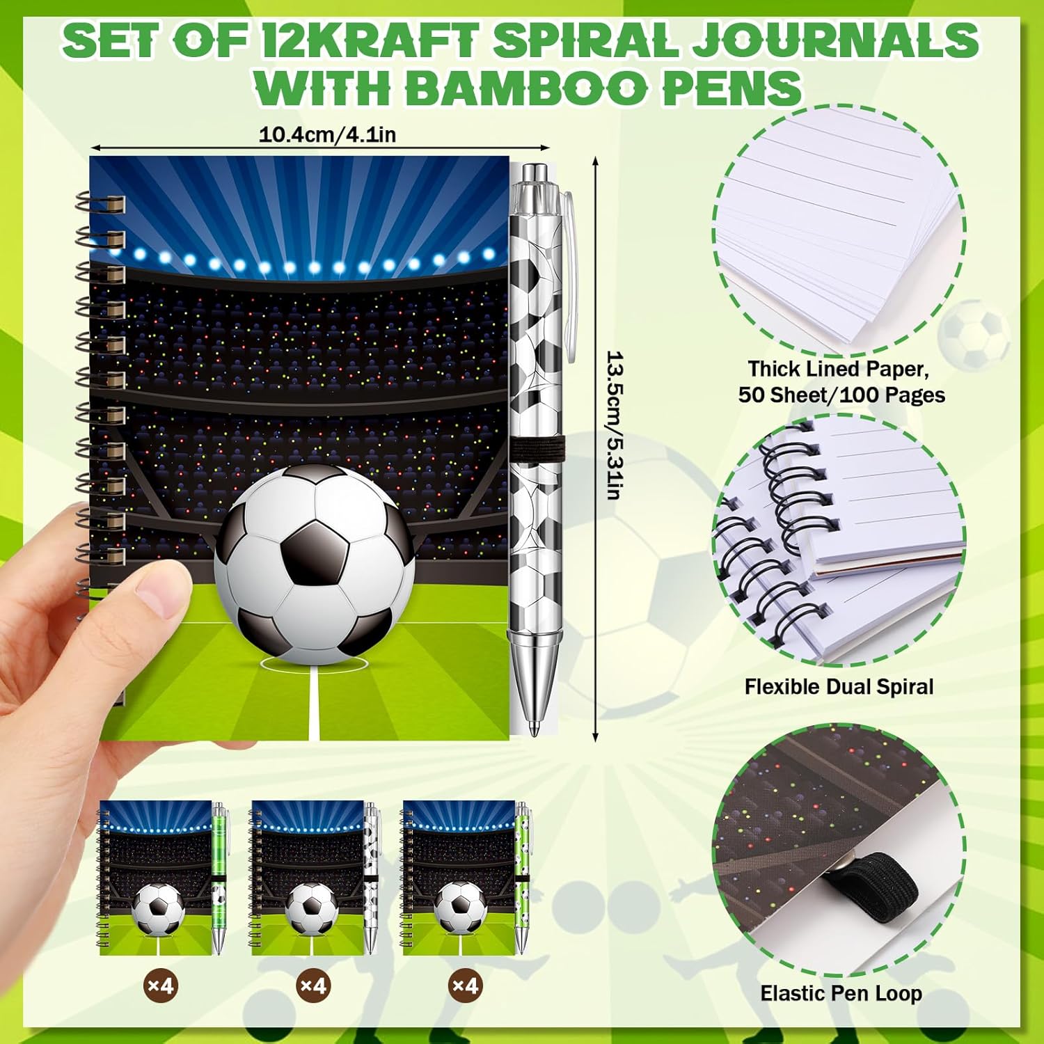 Resurhang 24 Pcs 12 Sets Soccer Party Favors Birthday Supplies School Stationery Bulk 5.5 x 4.3'' Soccer Spiral Notebook Ballpoint Pens for Coaching Supplies Coach Gift Team Party Players Sports Lover