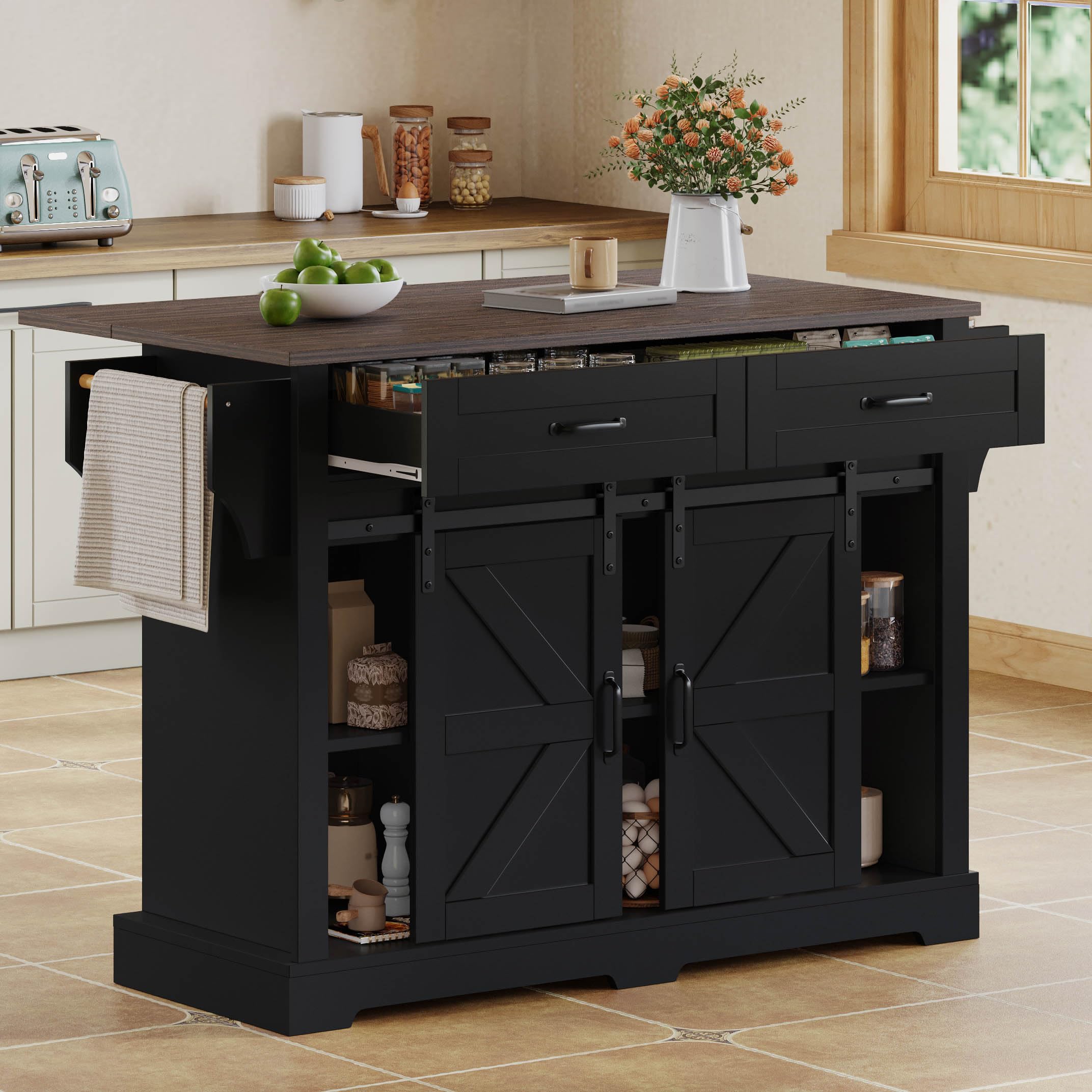 Merax Kücheninsel Freistehend mit Klappbarer Arbeitsplatte, Bewegliche Küchenwagenl mit Schiebetüren, 5 Rollen, Schrank, 2 Schubladen, Gewürzregal und Handtuchhalter, 120x70x91cm (Schwarz)
