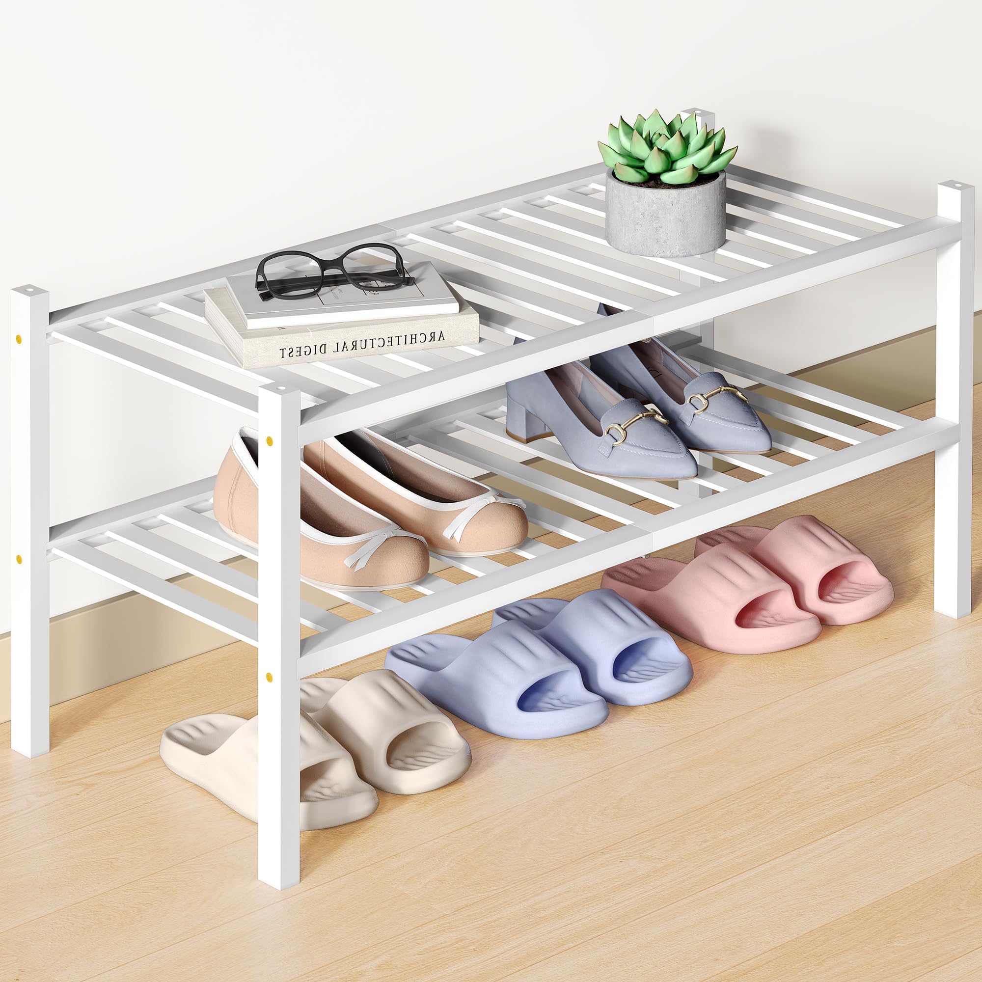 smiry Natural Bamboo Shoe Rack, 2 Tier Wooden Stackable Shoe Storage Organiser, Free Standing Shoes Storage Shelf for Entryway, Hallway, Small Spaces, Living Room, White