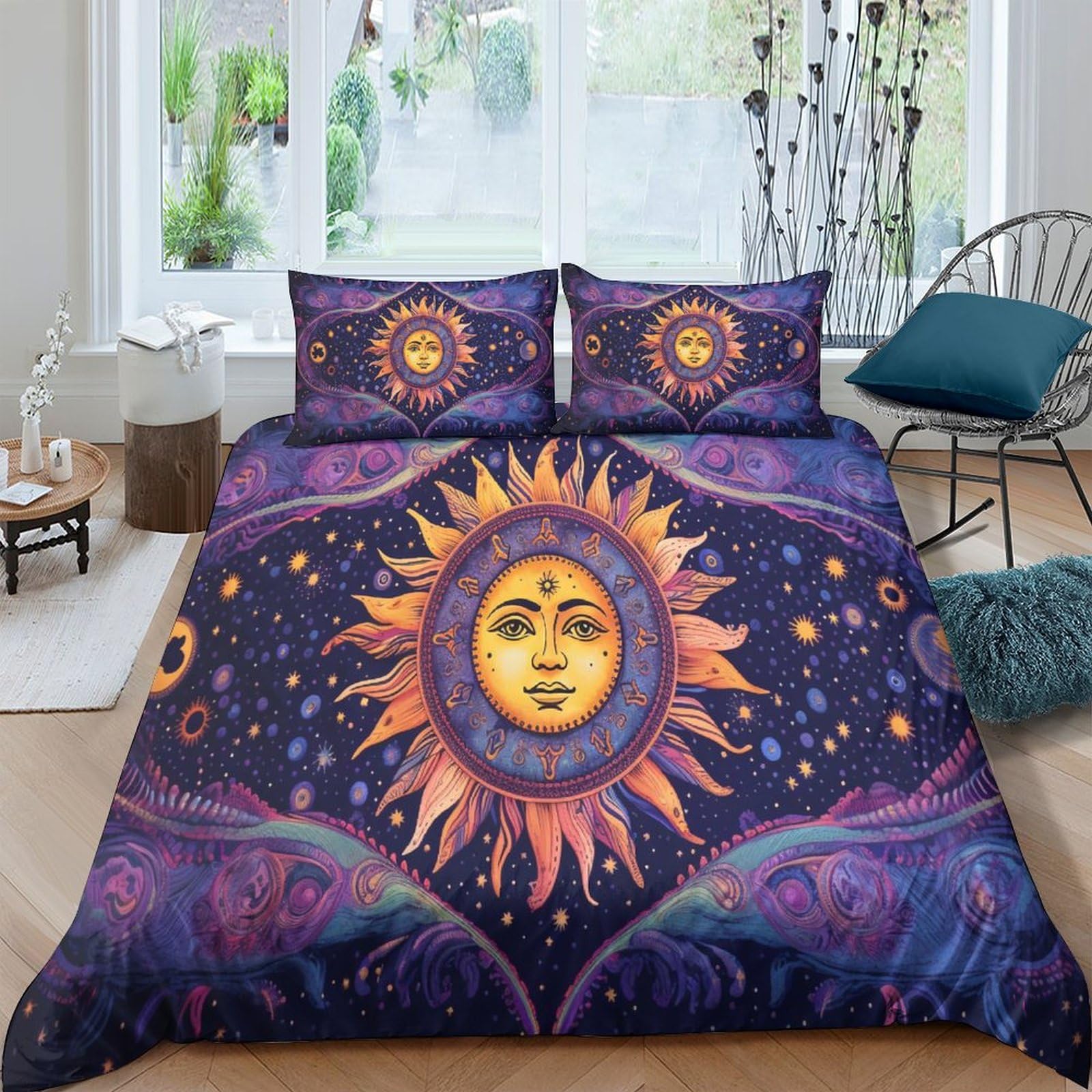 Housse de couette avec fermeture éclair soleil d'Or parure lit violette 3D 200x200
