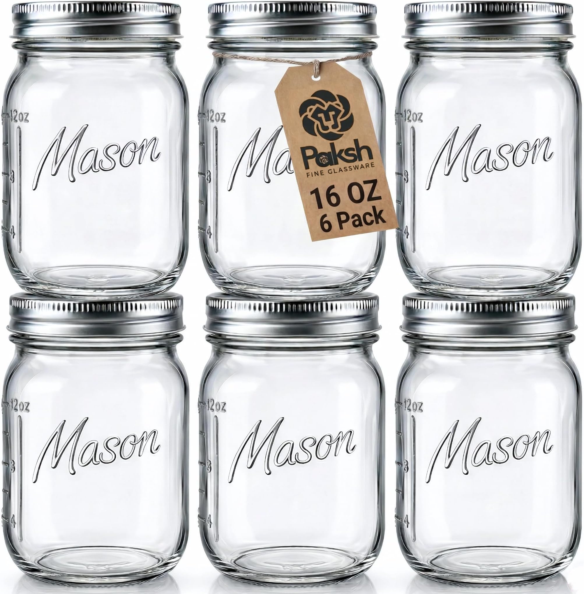 Mason Jars 16 oz - 6-Pack Regular Mouth Glass Jars with Lid & Seal Bands - Airtight Container for Pickling, Canning, Candles, Home Decor, Overnight Oats, Fruit Preserves, Jam or Jelly
