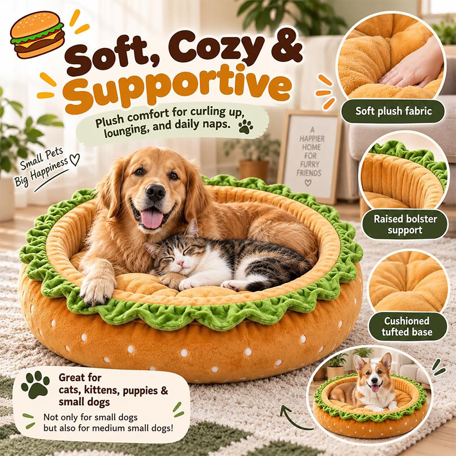 Generisch Hamburger Hundebett, Süßes Interaktives Haustiernest In Hamburgerform (Mit Spielzeug,35CM)