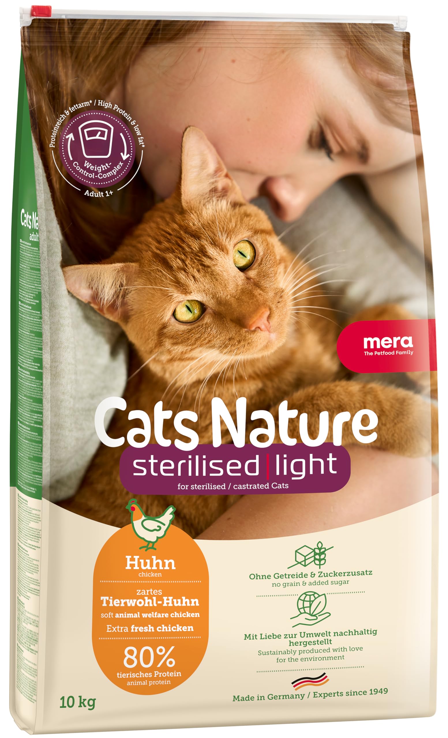 MERA Cats Nature Sterilised/Light Huhn Katzenfutter Trocken 10kg | Für sterilisierte/kastrierte Katzen | Getreidefrei & zuckerfrei | fettarmes Katzen Trockenfutter hoher Fleischanteil