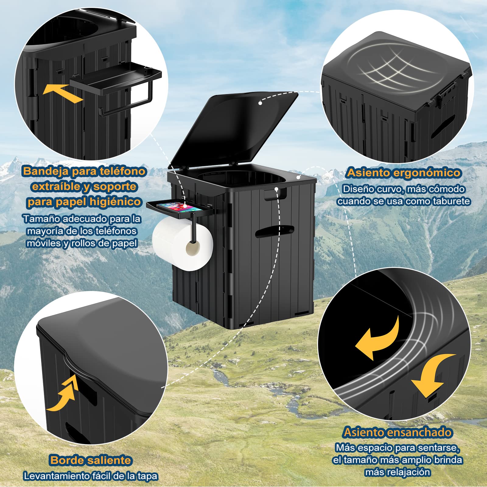 WADEO Inodoro portátil para Acampar, Inodoro Plegable para Exteriores o Interiores con Tapa, Inodoro móvil para Acampar con Soporte de Papel higiénico extraíble y Bandeja para teléfono móvil