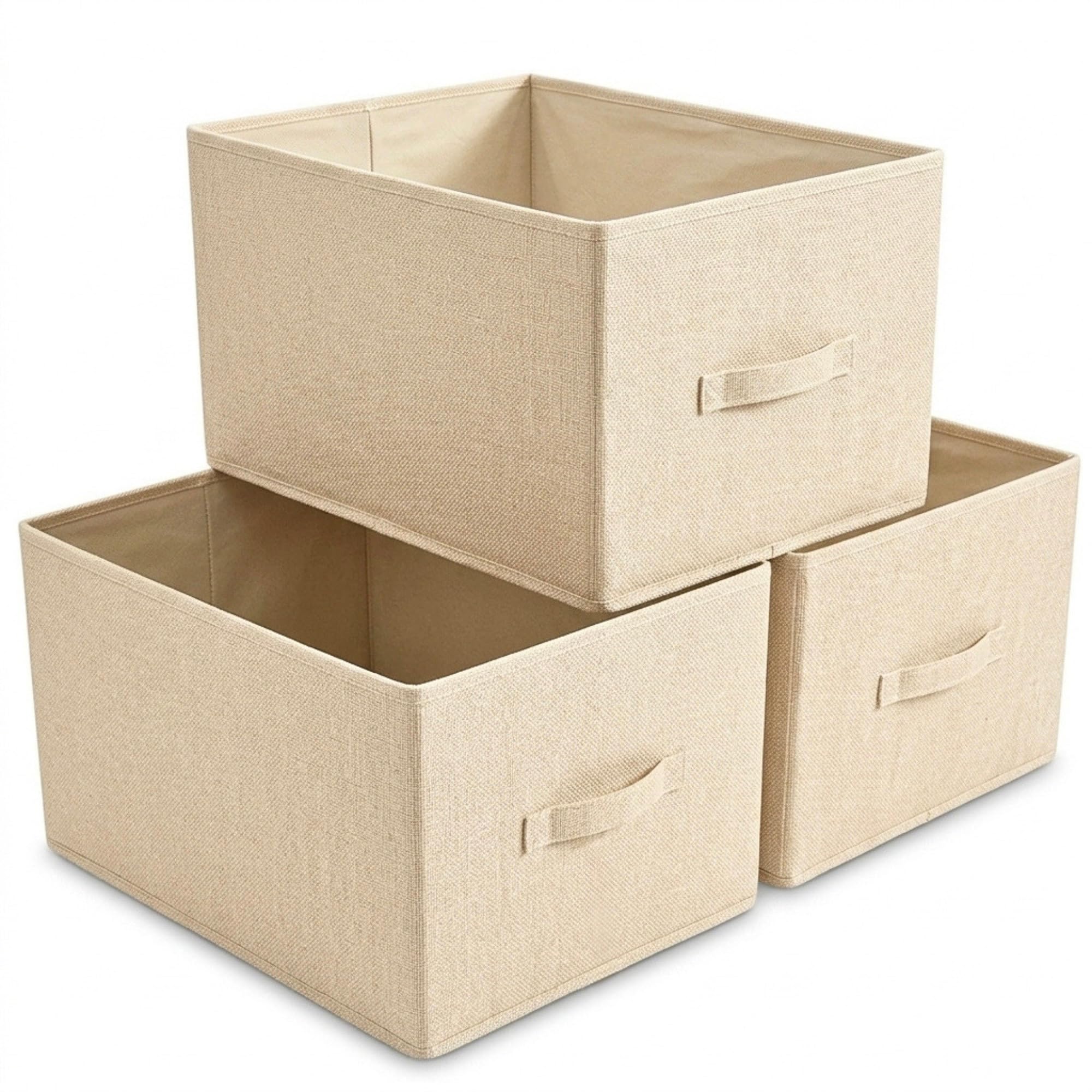 Aufbewahrungsbox Stoff 3er Set XXL – Organizer mit Griffen – Baumwolle & Leinen – Aufbewahrungskorb – faltbar für stilvolle Ordnung im Zuhause – Beige
