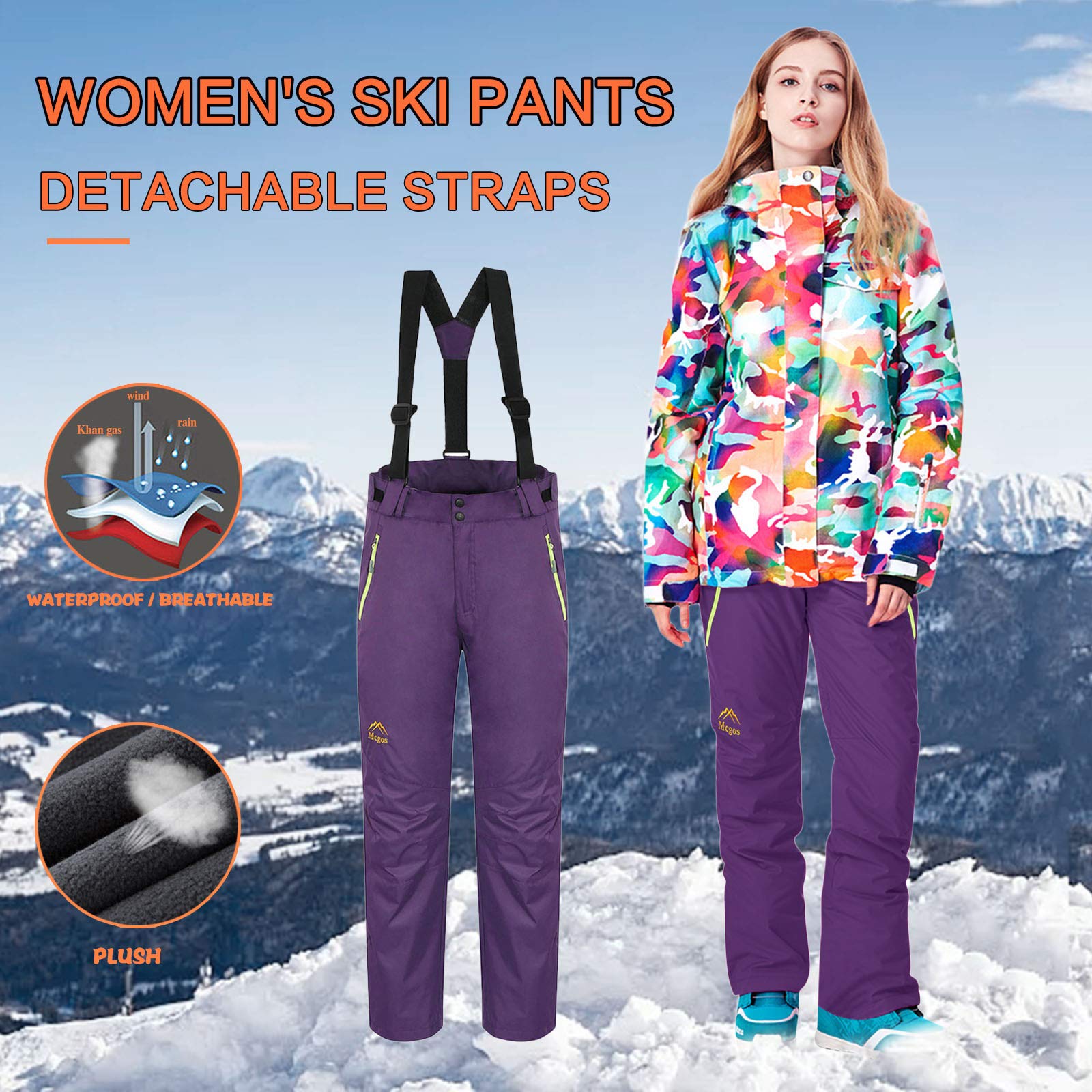 Tuta da sci isolata da donna, antivento, pantaloni da neve, unisex, impermeabili, con bretelle, pantaloni da sci leggeri con tasche con cerniera, caldi e comodi, gamba dritta, pantaloni invernali