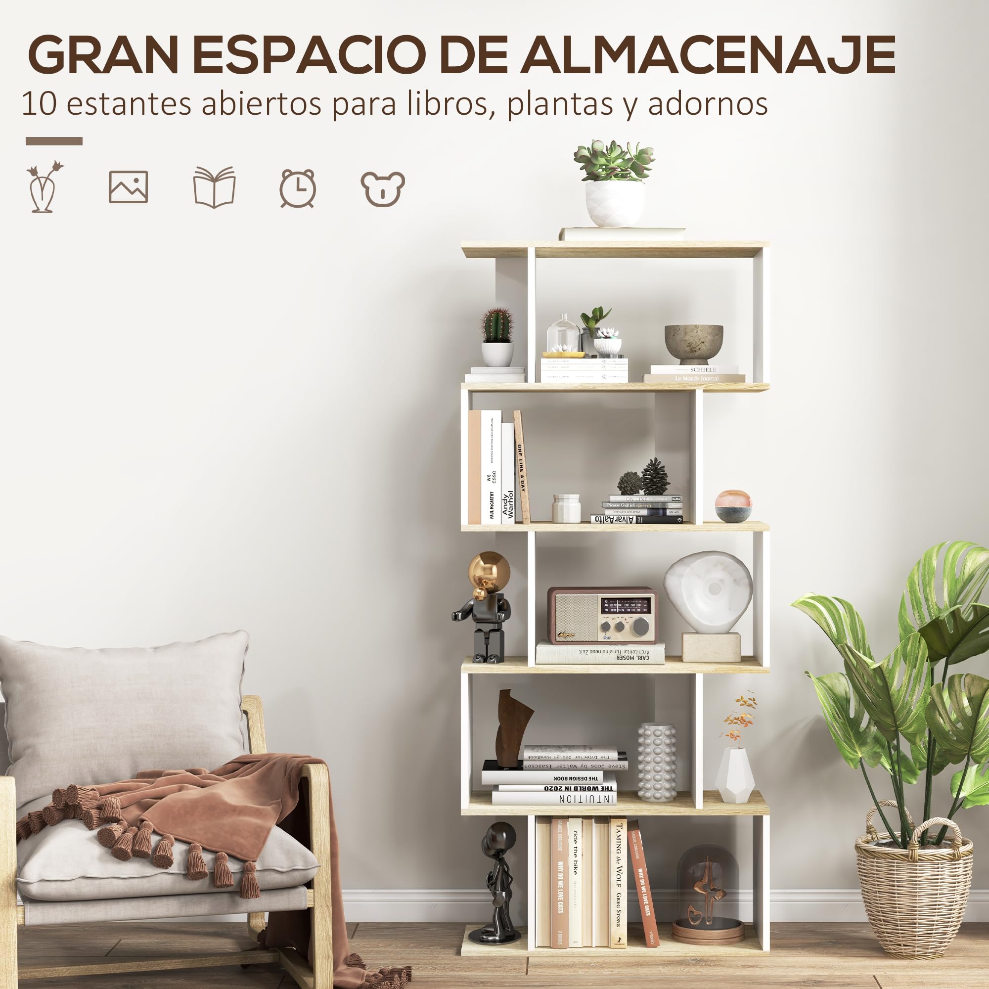 HOMCOM Estantería Librería Estilo Nórdico Librería con 5 Estantes Antivuelco Carga 25 kg para Estudio Oficina Salón 70x29,5x163 cm Roble y Blanco