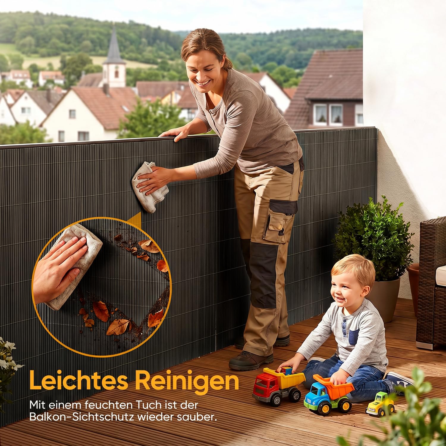 Sekey Balkon Sichtschutz Natürliche Optik 90x300cm, Sichtschutzmatte mit Kabelbindern, Sichtschutzzaun Windschutz Wasserdicht Schimmelfrei Ohne Bohren für Balkon Garten, Holz-Optik, Dunkelgrau