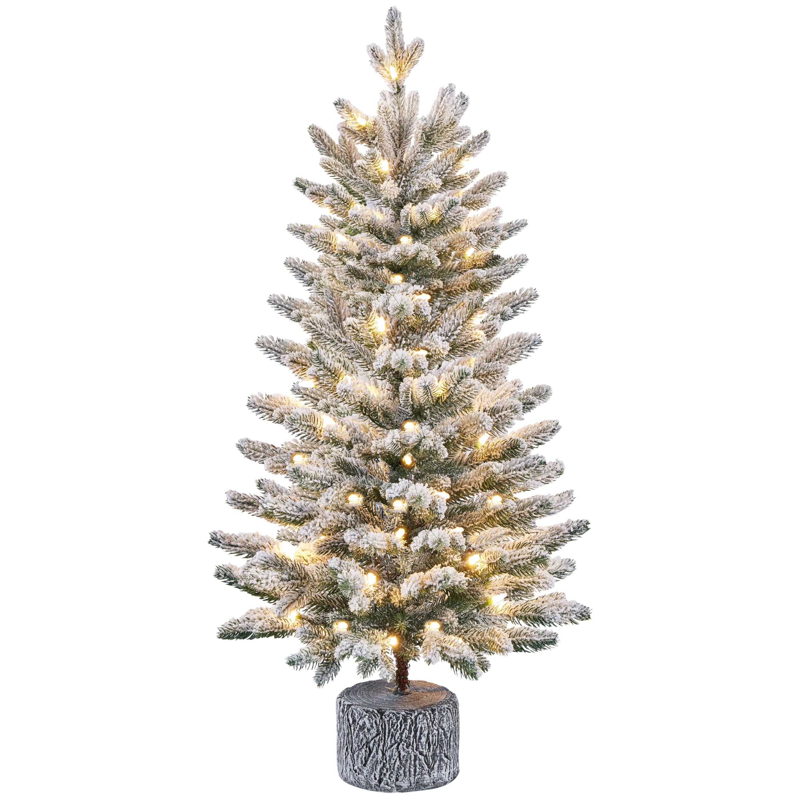 Yaheetech 92 cm Mini Künstlicher Weihnachtsbaum mit Schnee, Eingetopfter Tannenbaum mit 50 LEDs in Warmweiß und 355 Spitzen, Schneebedeckter Beflockter Kleiner Christbaum