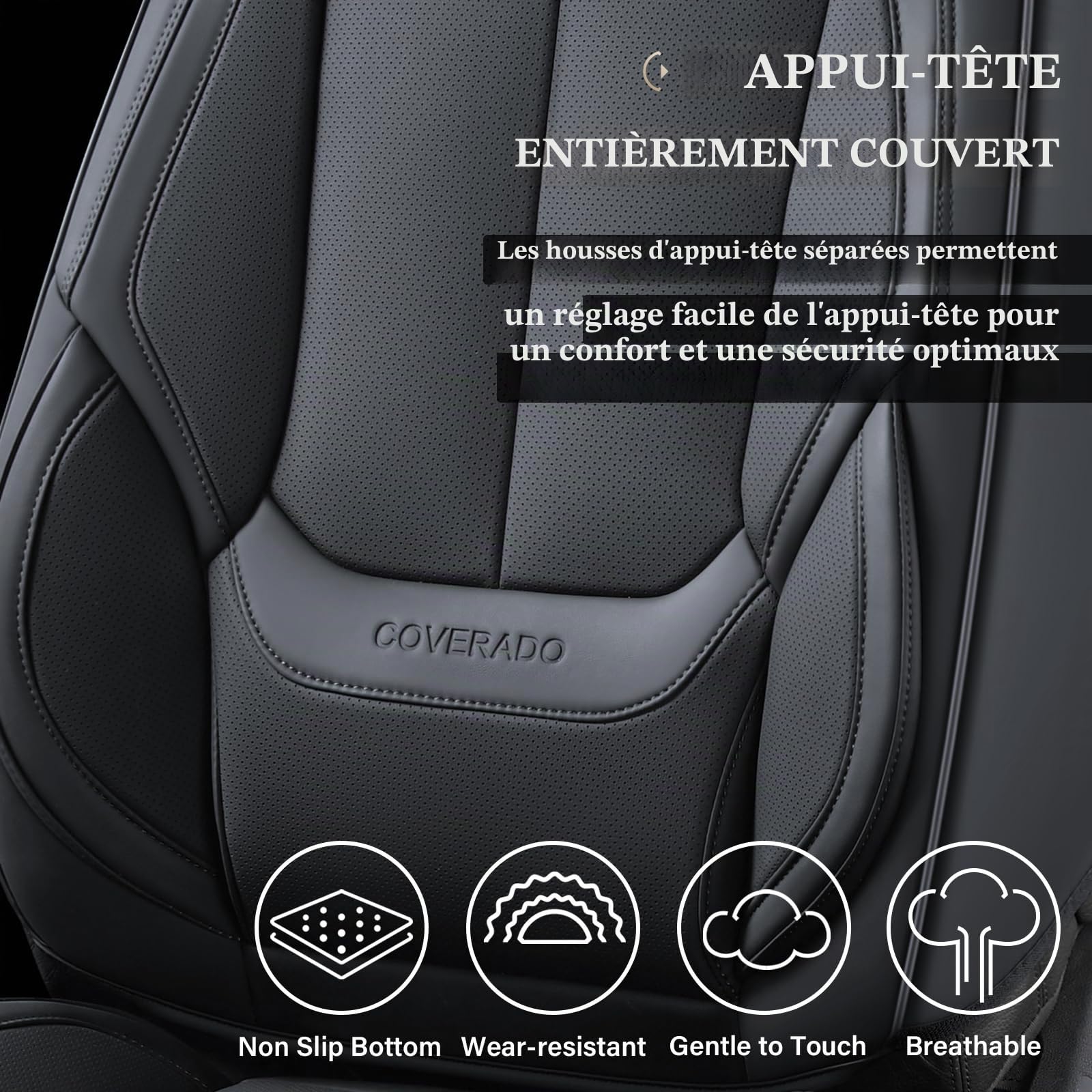 Coverado Housses de siège, Protecteurs de siège Auto en Cuir Nappa imperméables, Ajustement Universel pour la Plupart des camionnettes SUV berlines, Avant 2 pièces - Plein Noir